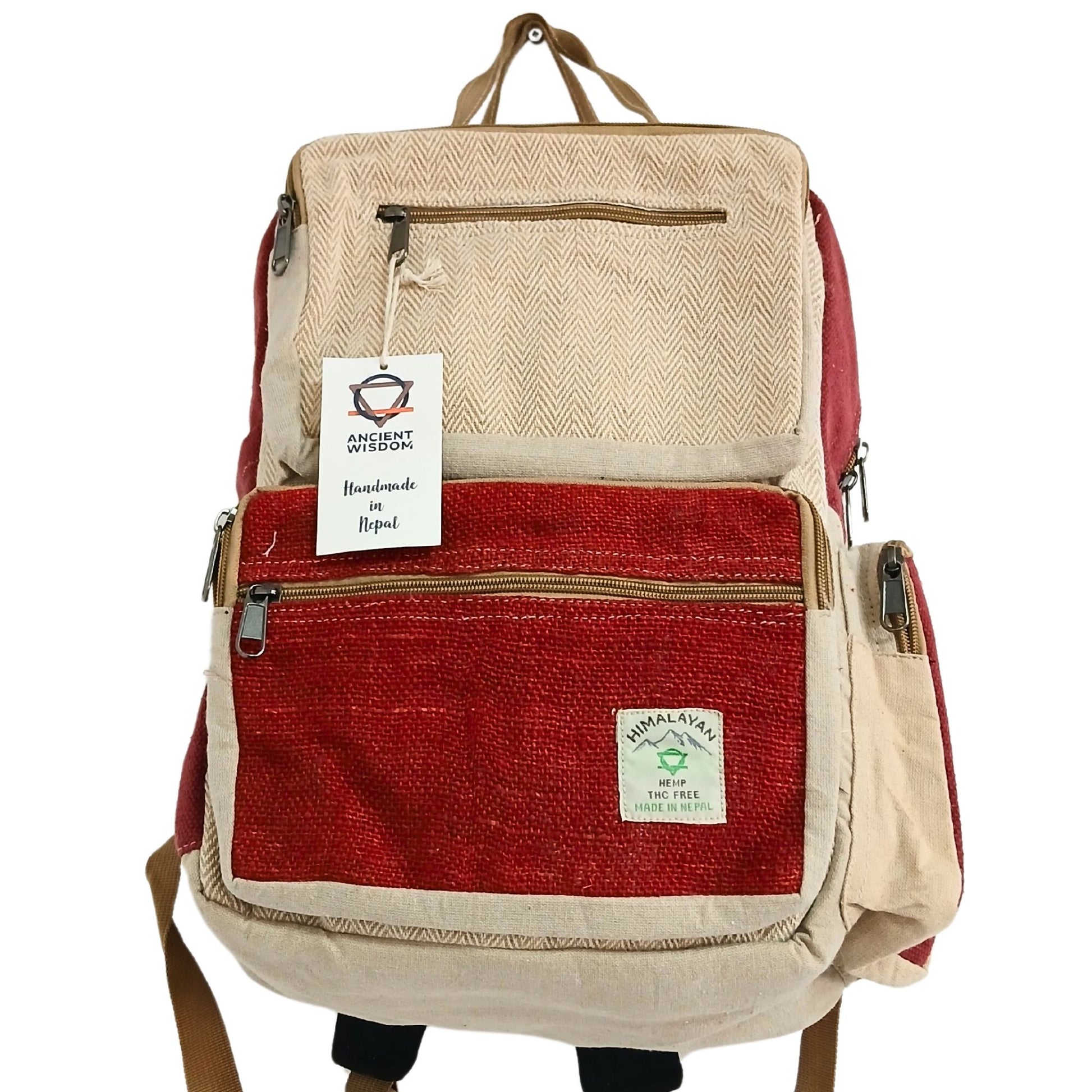 Großer Hanfrucksack in Weinrot und Creme, handgefertigt in Nepal.