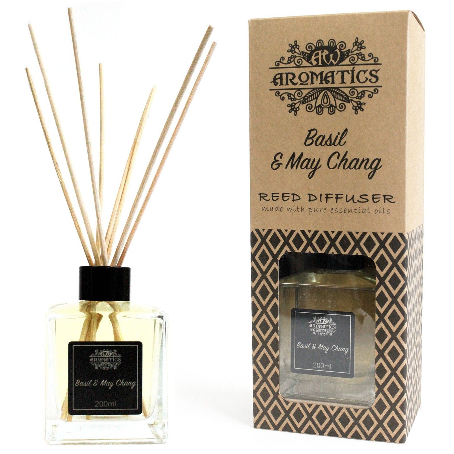 200ml Raumduft Basil & May Chang mit Rattanstäbchen in Glasflasche.