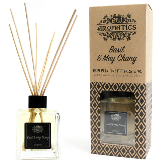 200ml Raumduft Basil & May Chang mit Rattanstäbchen in Glasflasche.