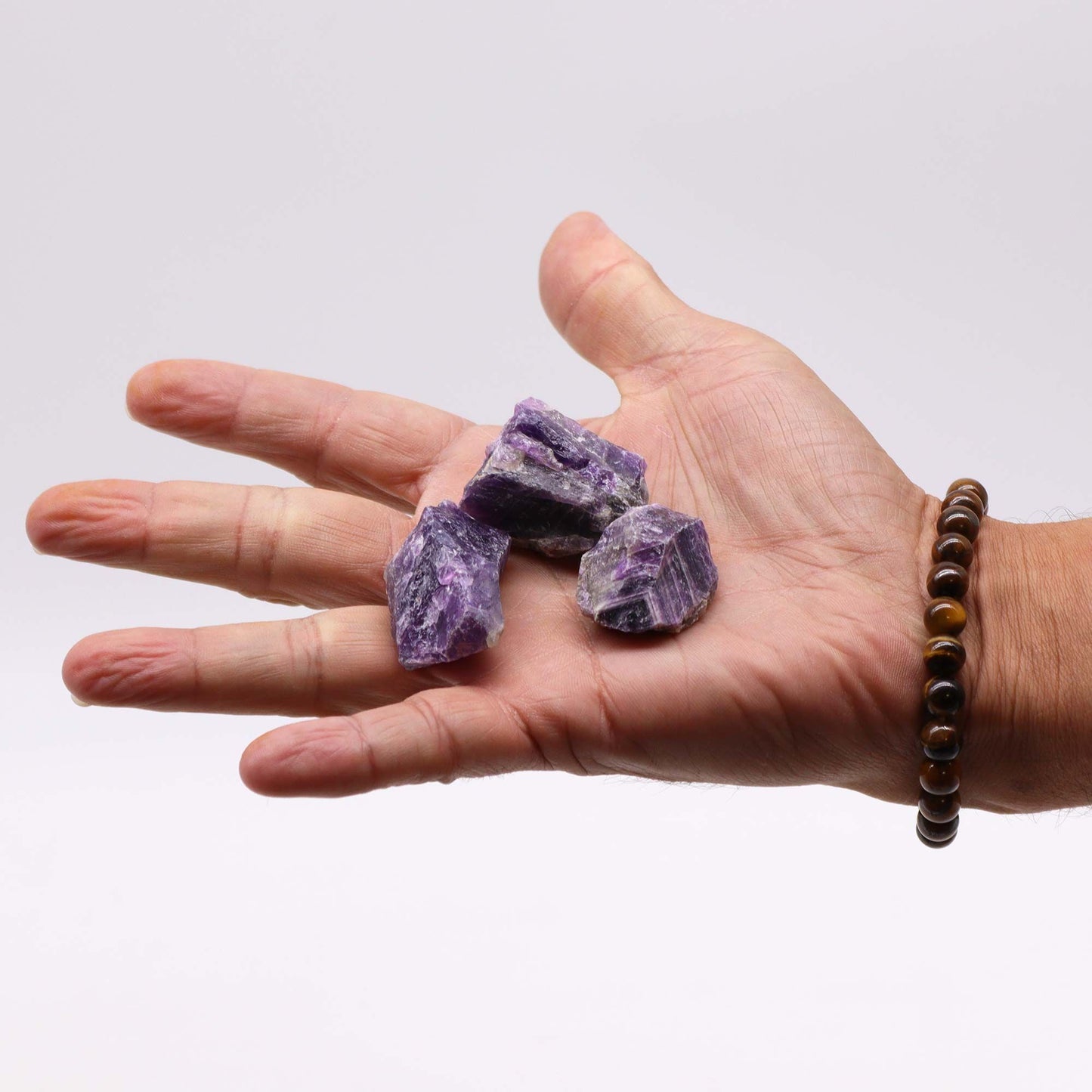 Hand holding three raw purple amethyst stones.