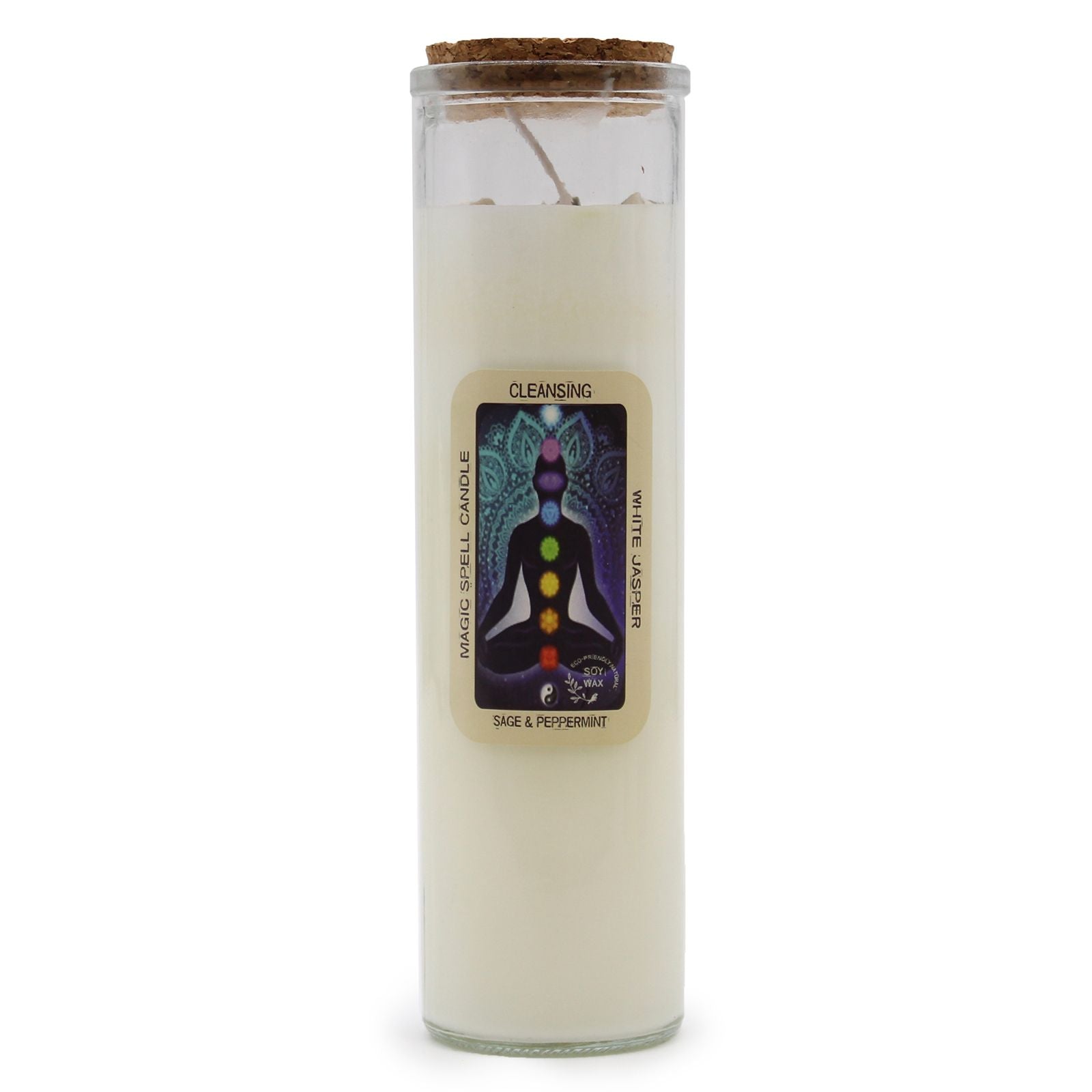 Ritualkerze mit Edelsteinen, Duft nach Salbei und Pfefferminze.