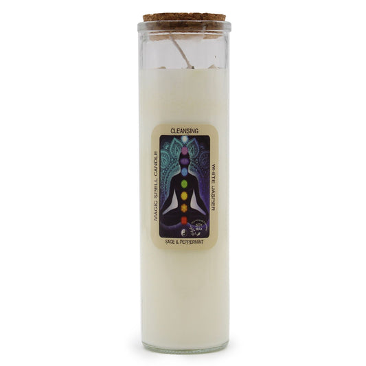 Ritualkerze mit Edelsteinen, Duft nach Salbei und Pfefferminze.