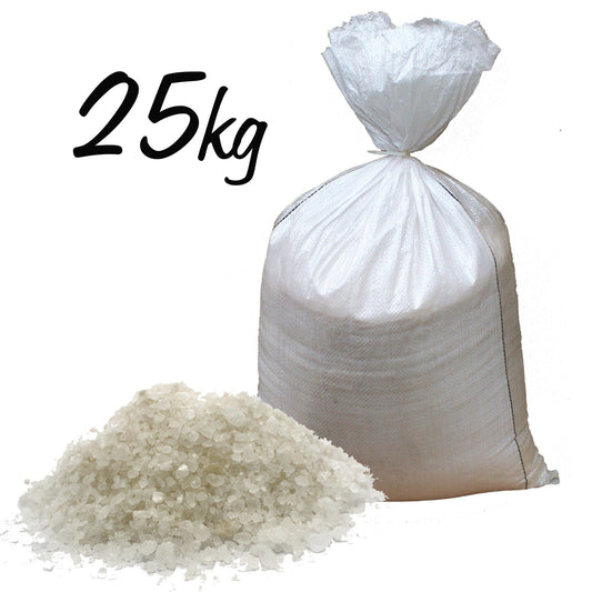25kg sack of white Himalayan bath salts with a pile of salts.