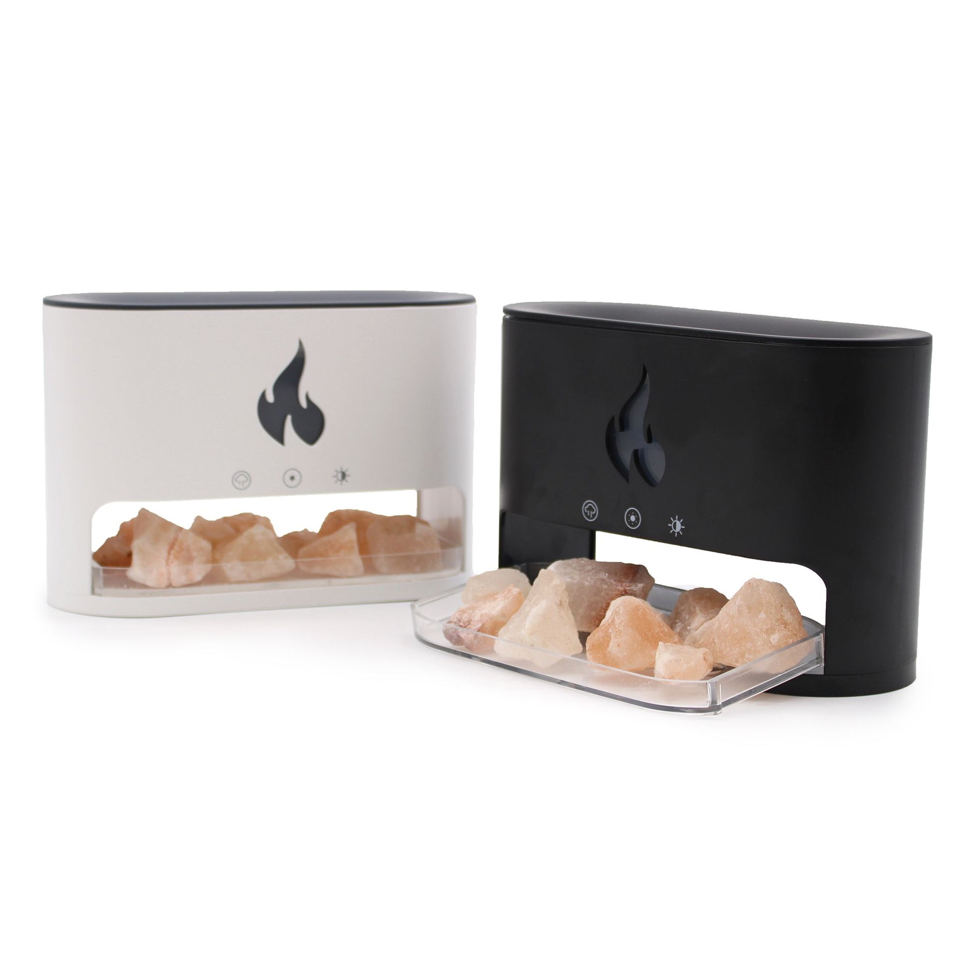 Zwei Himalaya-Salz-Aroma-Diffusoren mit Flammen-Effekt, einer weiß und einer schwarz.