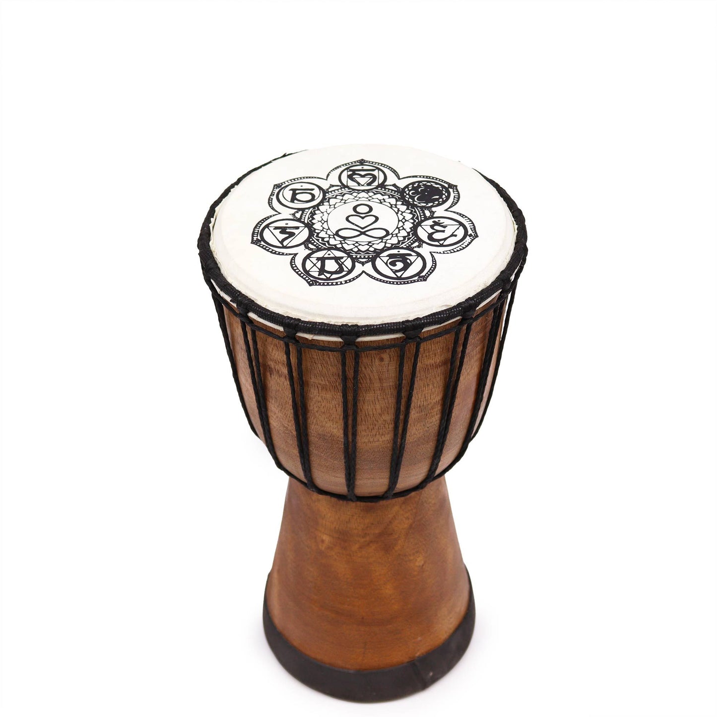 Handmade wide top djembe drum with chakra design.