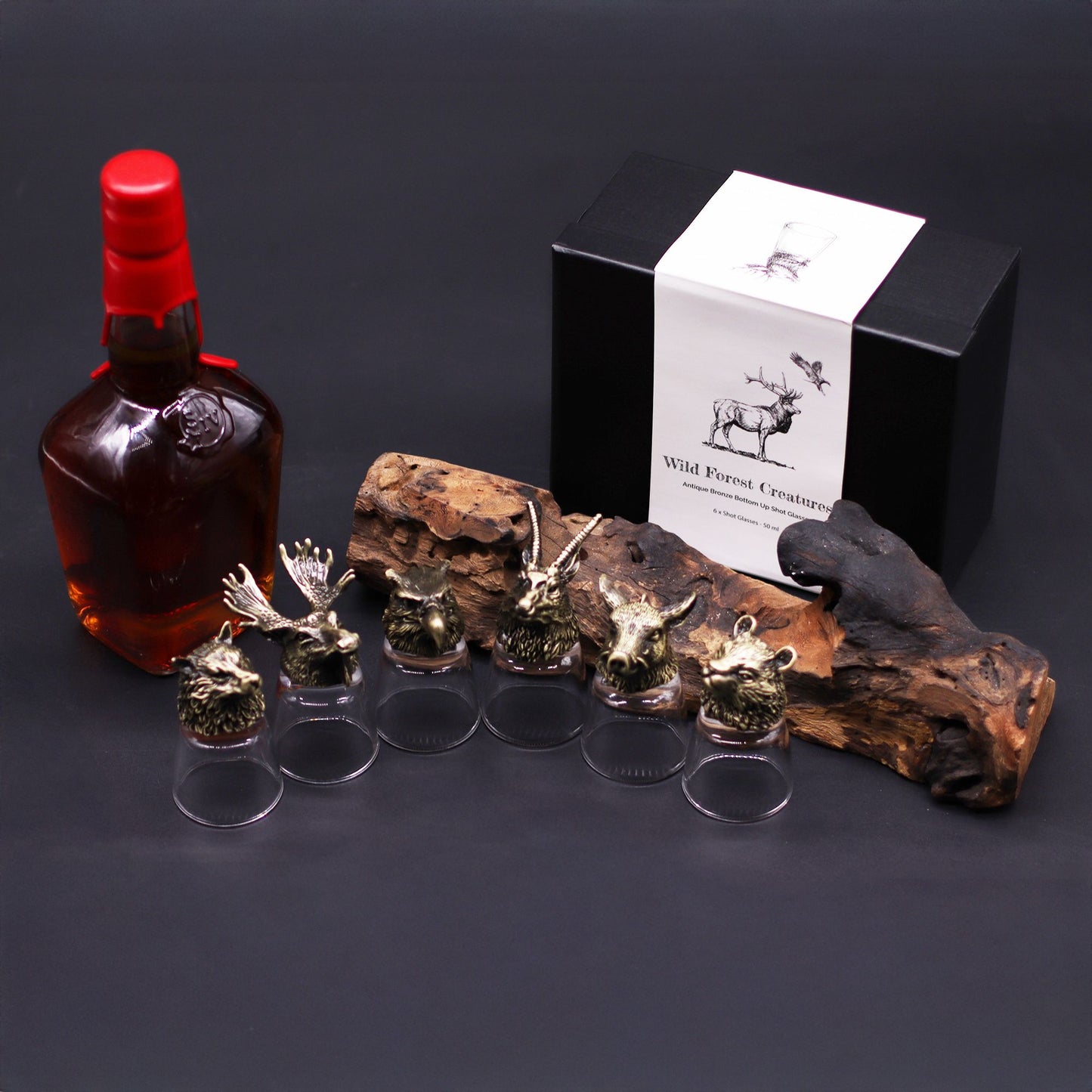 Geschenkset mit 6 Shot-Gläsern (50ml) mit Wildtier-Motiven im Antiklook.