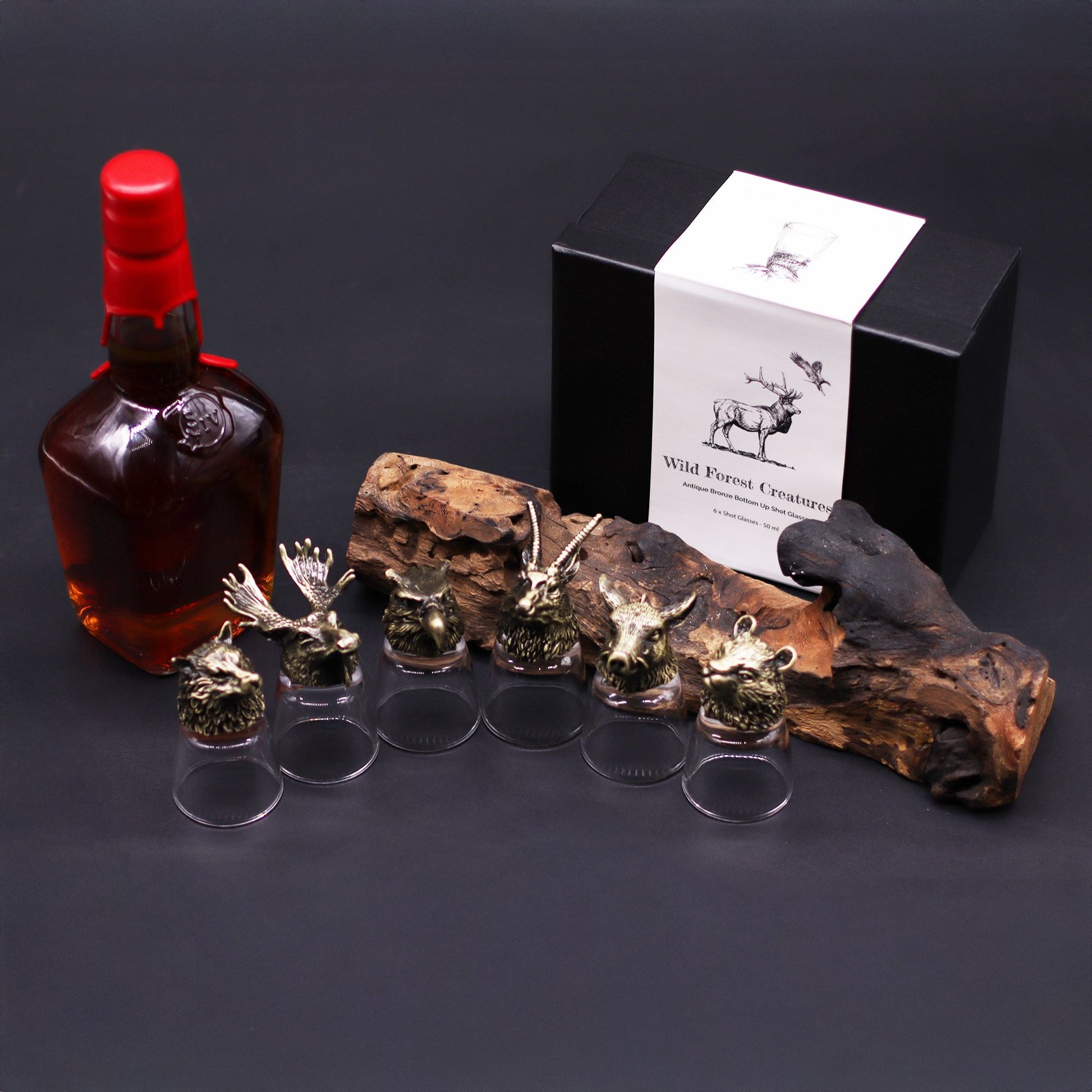 Geschenkset mit 6 Shot-Gläsern (50ml) mit Wildtier-Motiven im Antiklook.