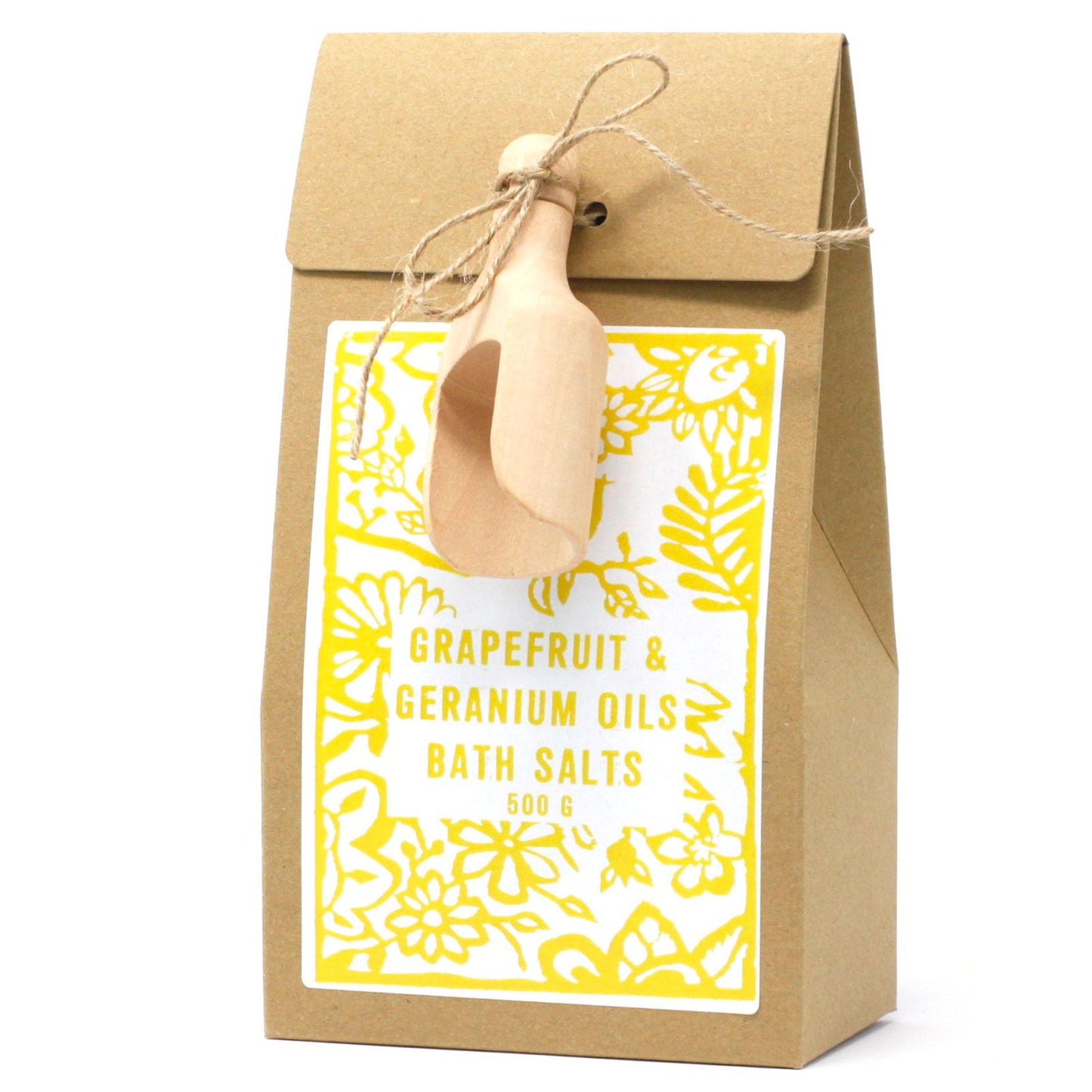 Braune Papiertüte mit Grapefruit & Geranium Ölen Badesalz und Holzlöffel.