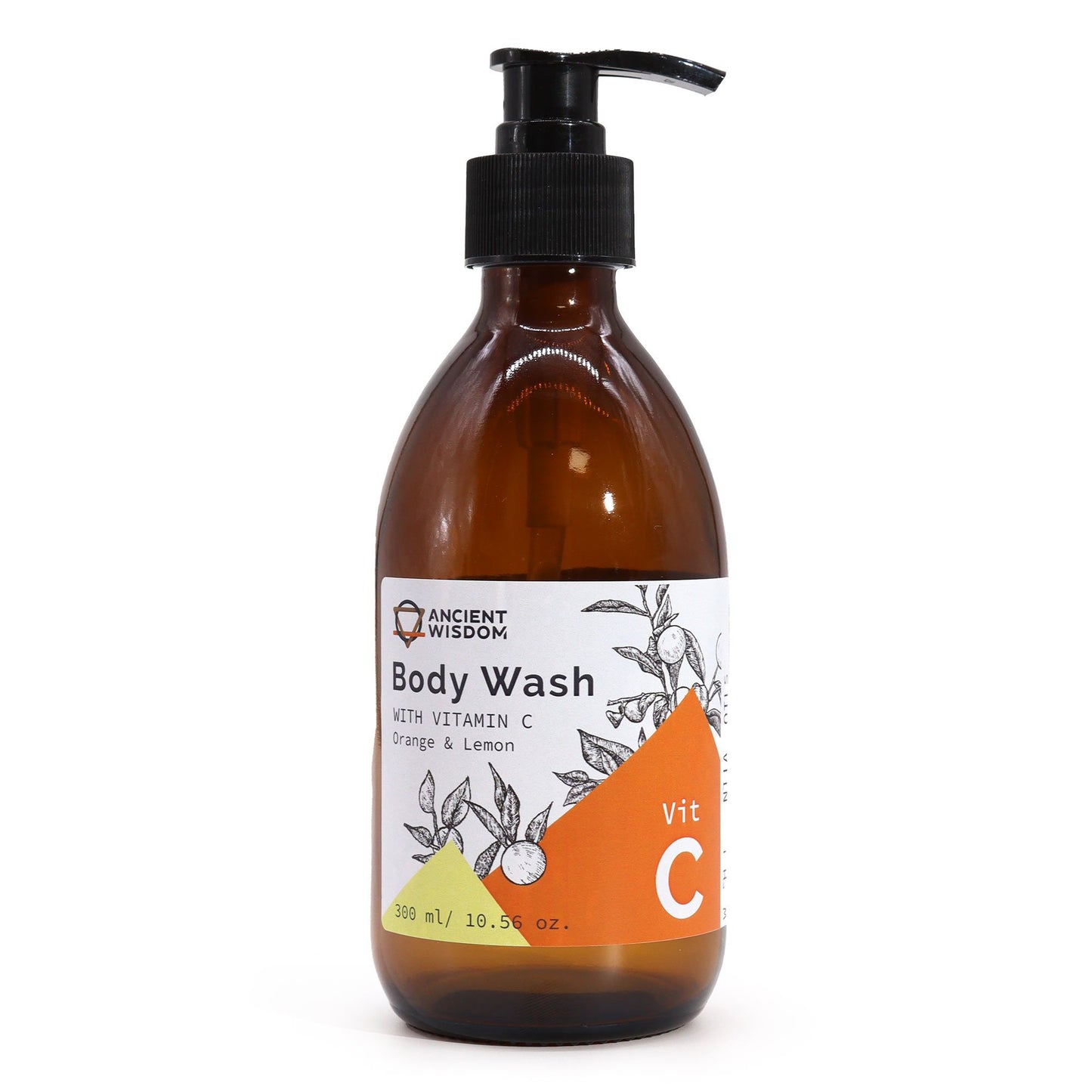 Amber glass bottle of Ancient Wisdom Body Wash with Vitamin C, Orange & Lemon.