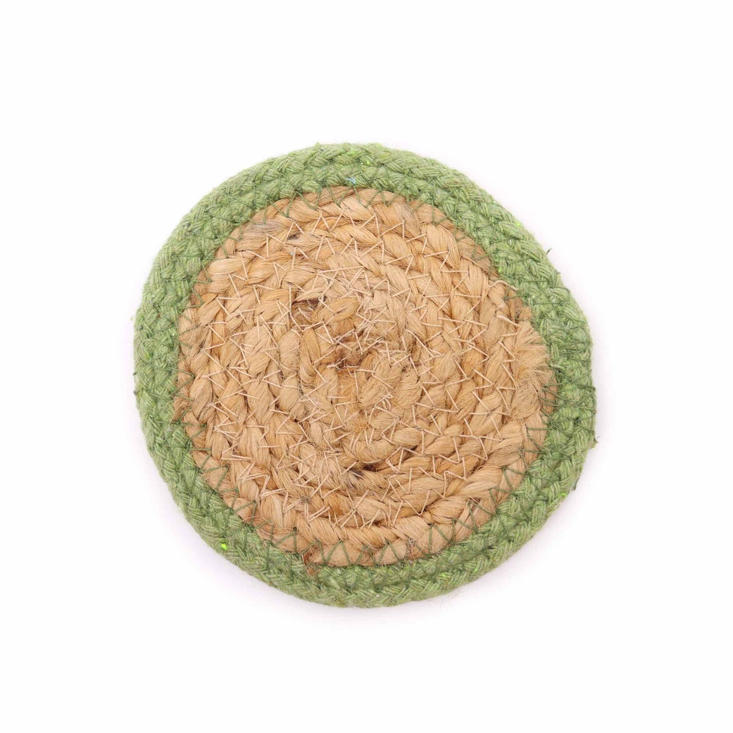 Round jute coaster with an olive green border.