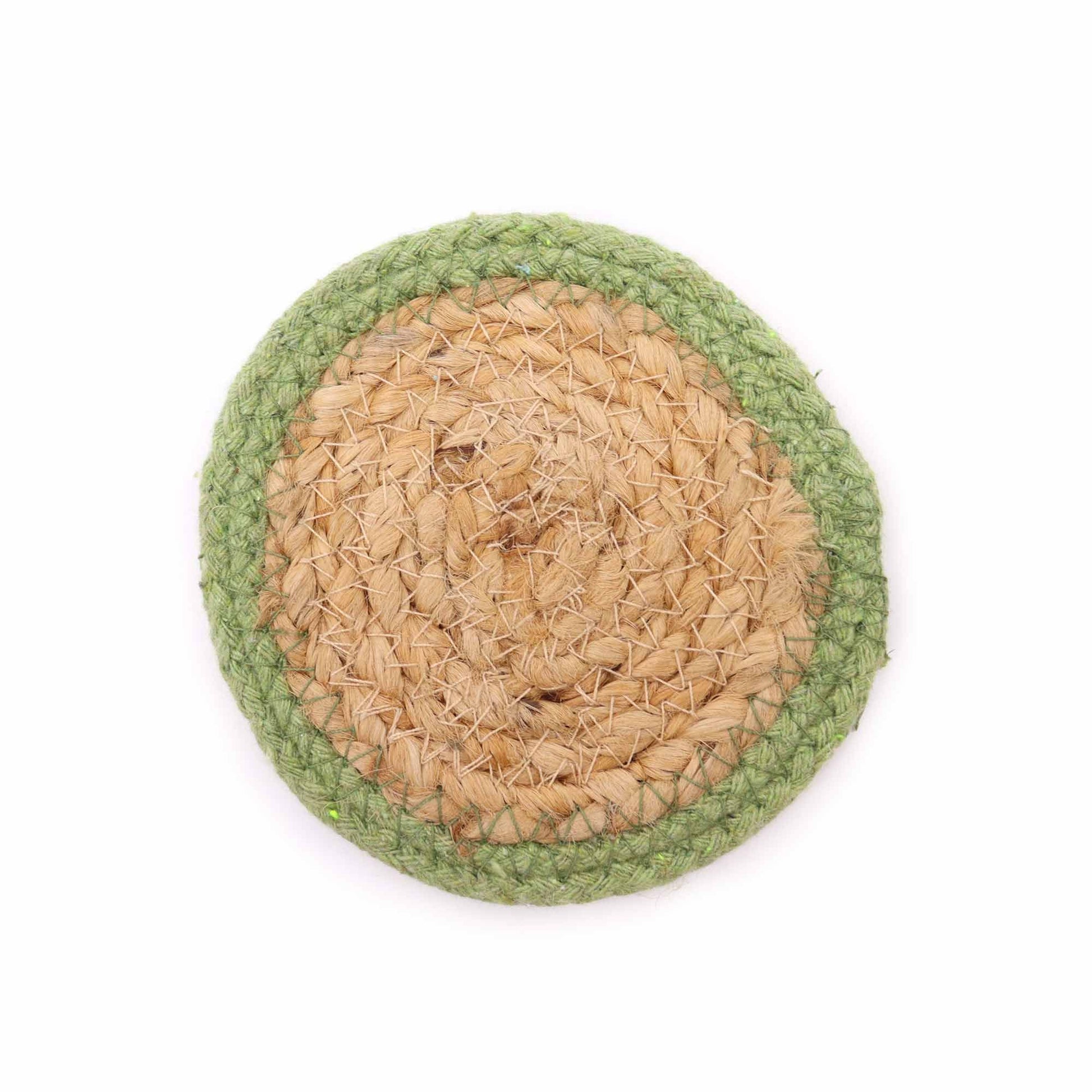 Round jute coaster with an olive green border.