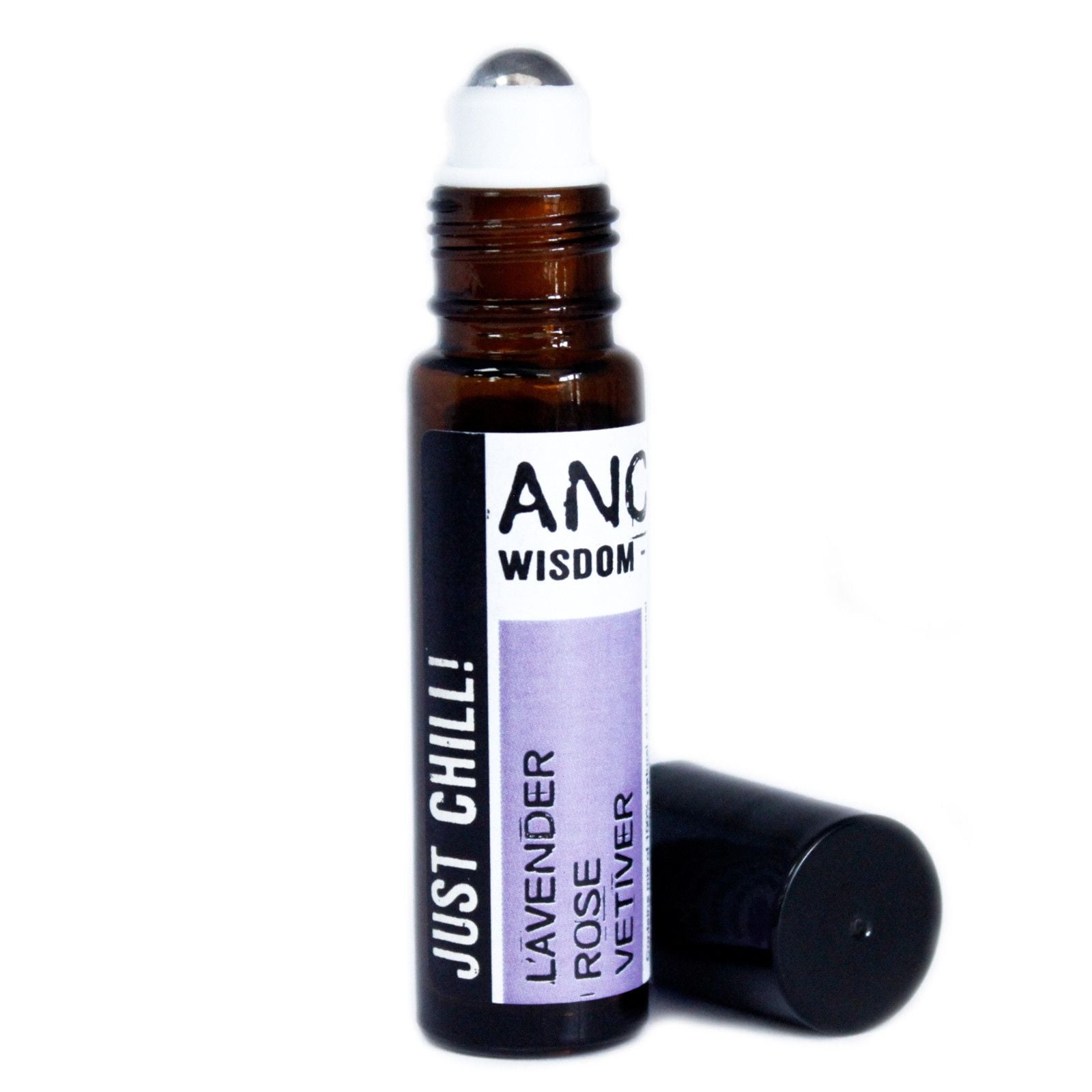 10ml Roll-On mit Lavendel, Rose und Vetiver auf weißem Hintergrund.