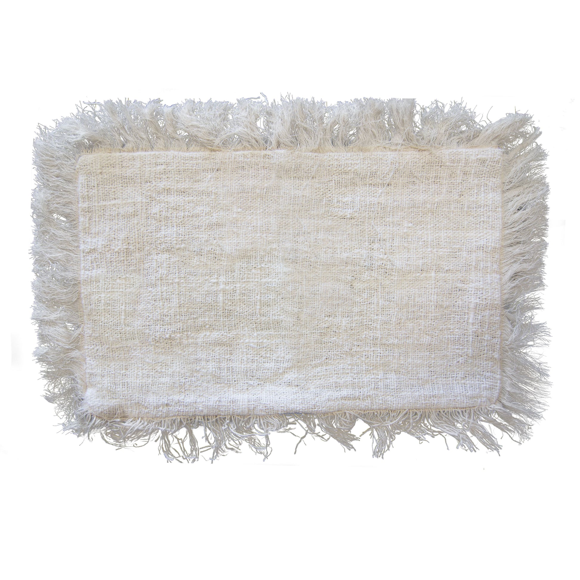 Ökologischer Leinen-Kissenbezug mit Fransen in Beige.