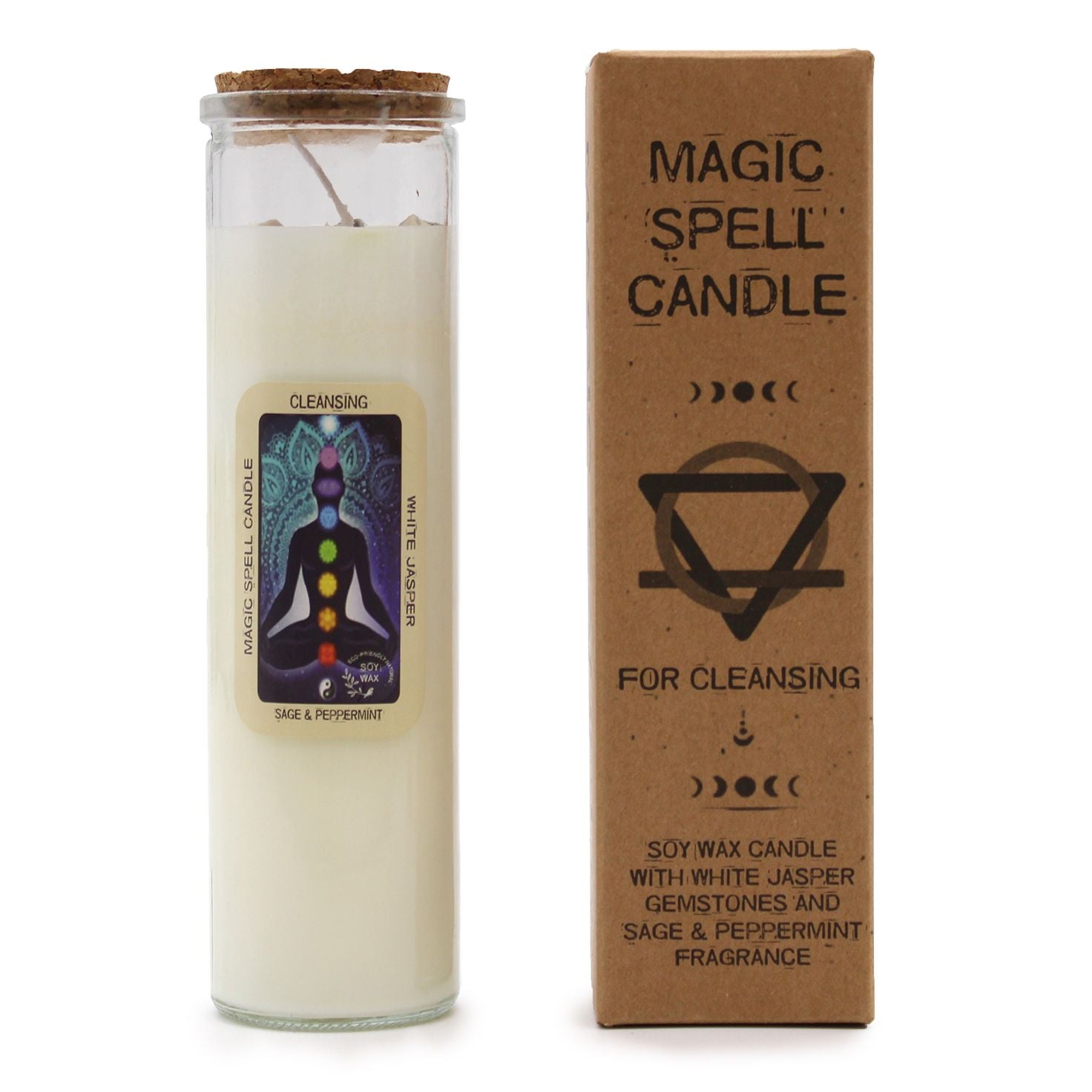 Ritualkerze Cleansing mit Edelsteinen und Duft von Sage & Peppermint.