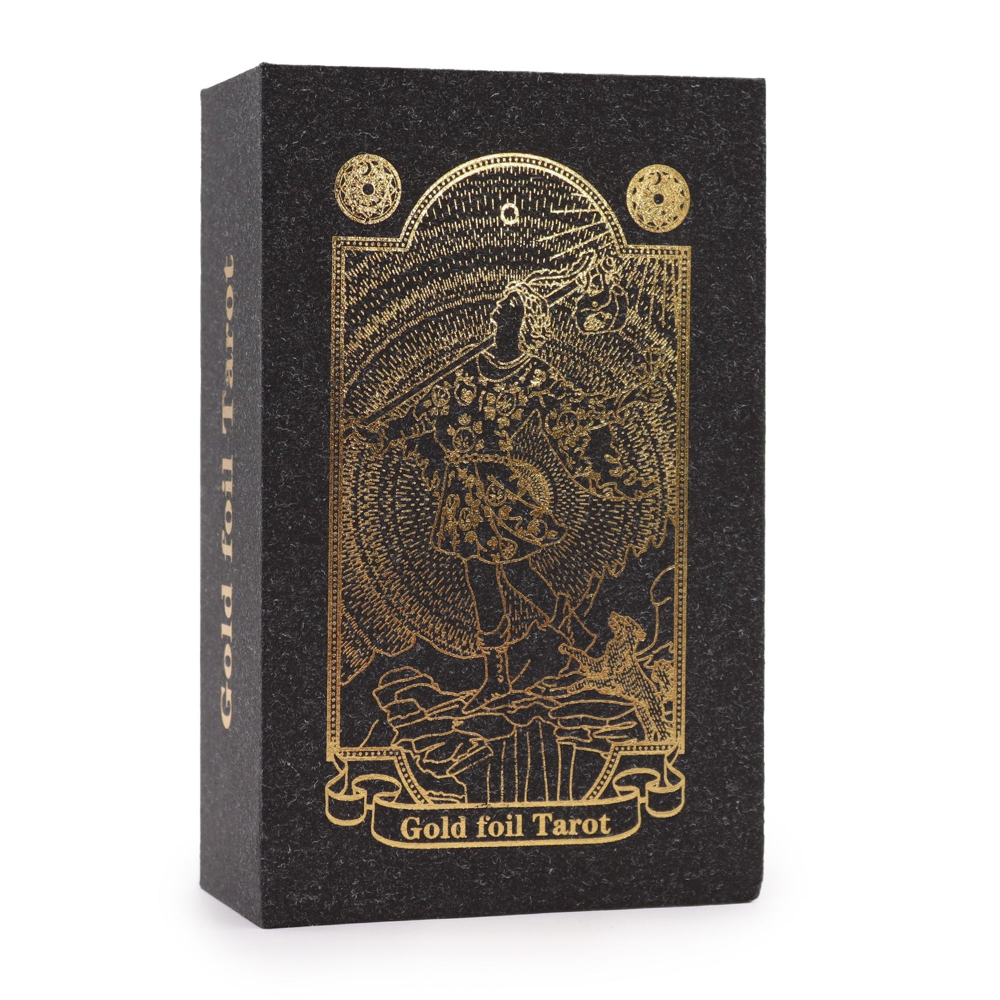 Ein Tarot-Geschenkset mit goldener Folienveredelung auf schwarzer Box.