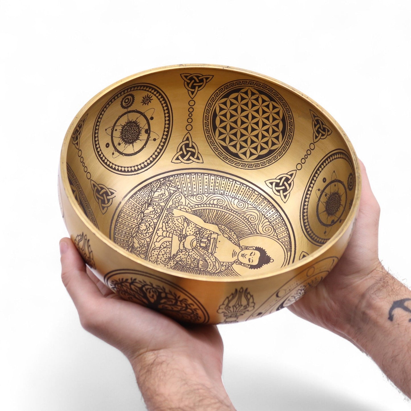 Set aus 4 Buddha Klangschalen aus Messing mit Gravuren