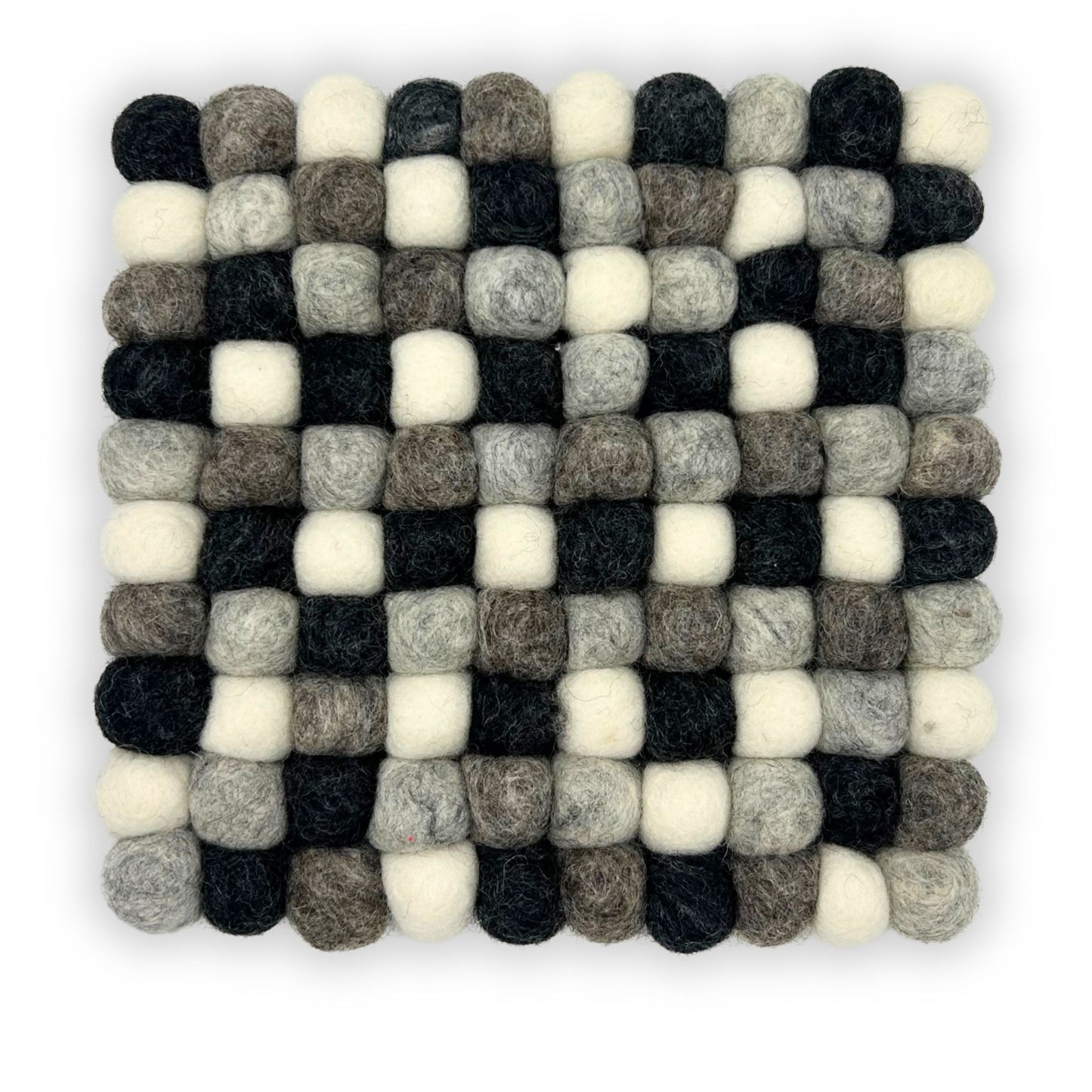 Square placemat made of grey, black, and white felt balls.