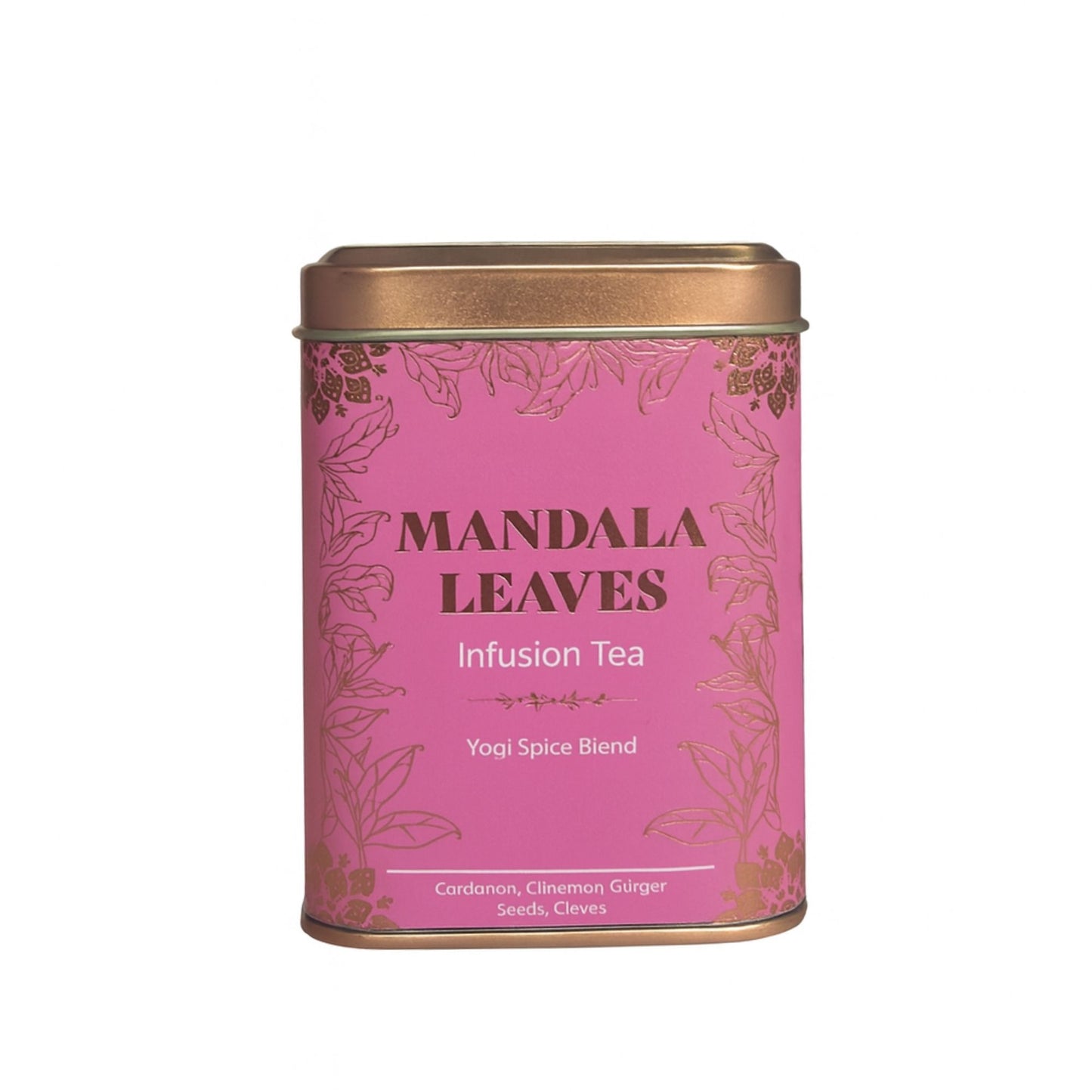Eine rosafarbene Metalldose mit goldenen Verzierungen und der Aufschrift "MANDALA LEAVES Infusion Tea Yogi Spice Blend".