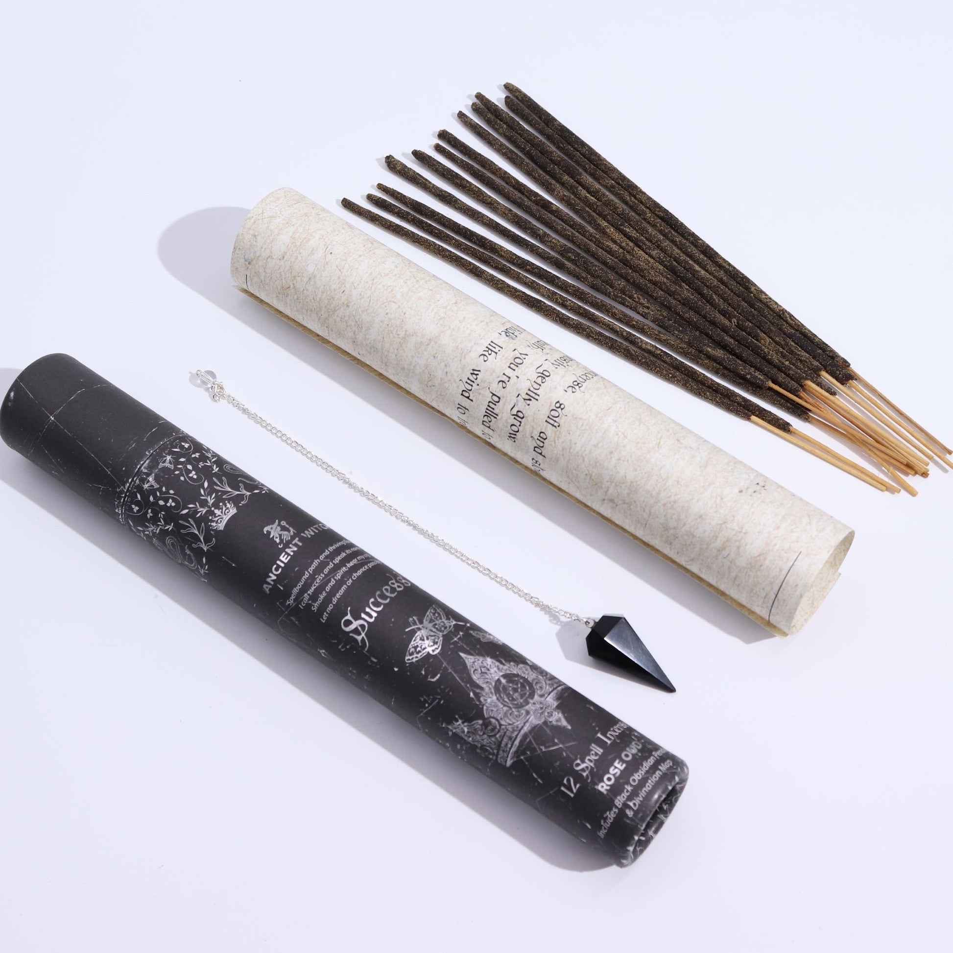 Erfolg-Ritual-Set mit Räucherstäbchen und Obsidian-Pendel.