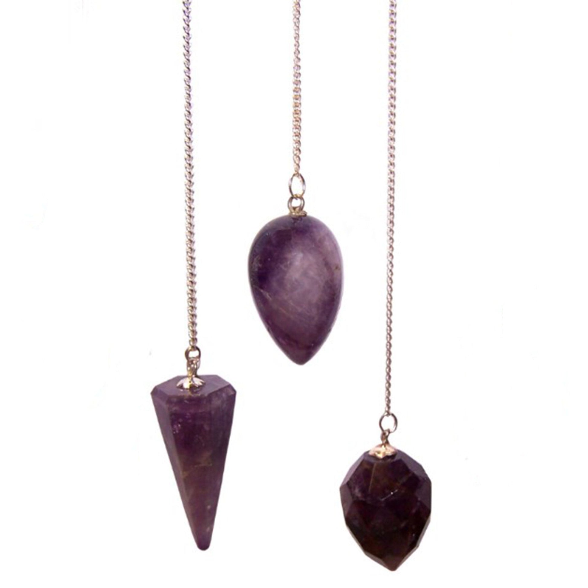 Three amethyst pendulums hang from silver chains against a white background.