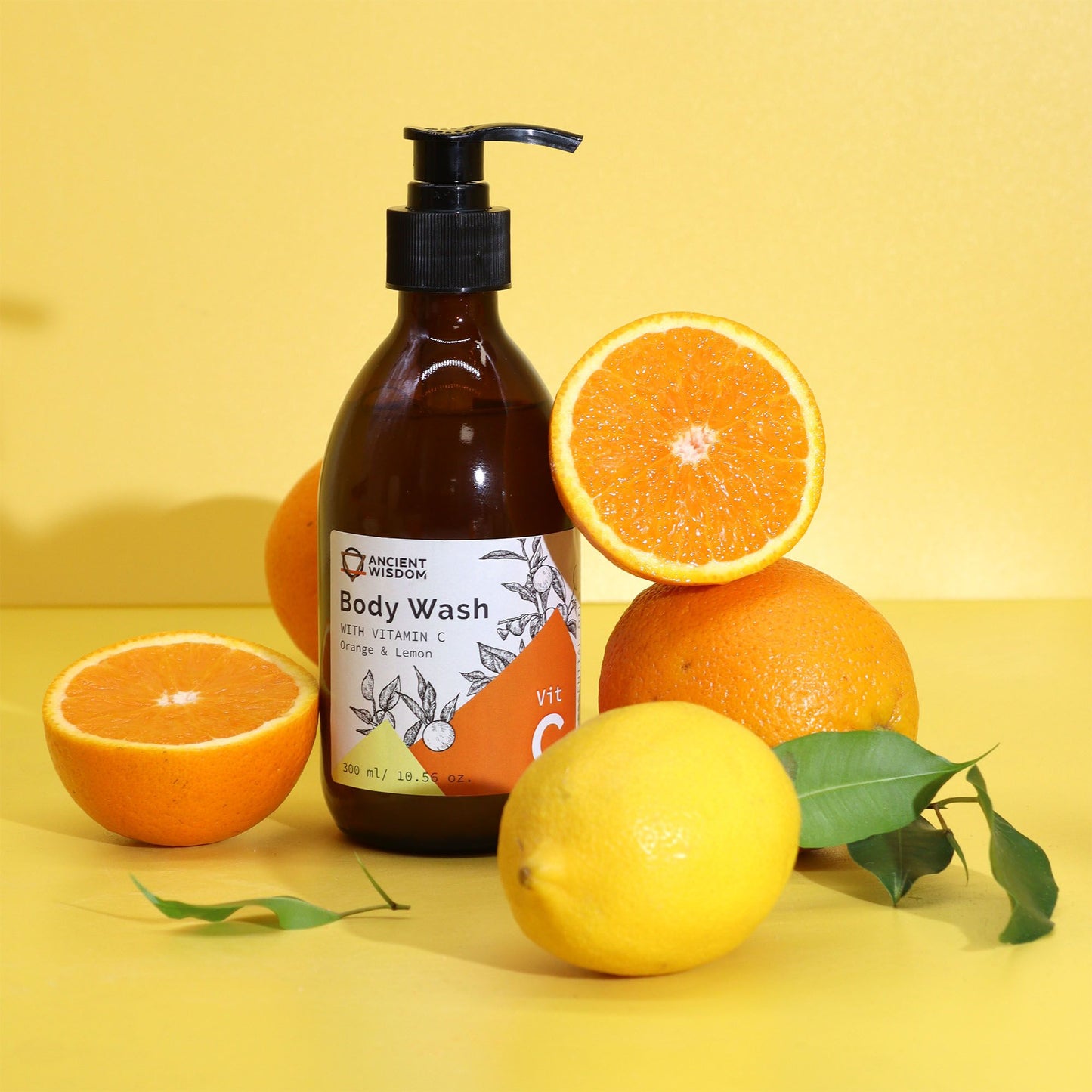 Body wash with Vitamin C, orange, and lemon in a pump bottle.