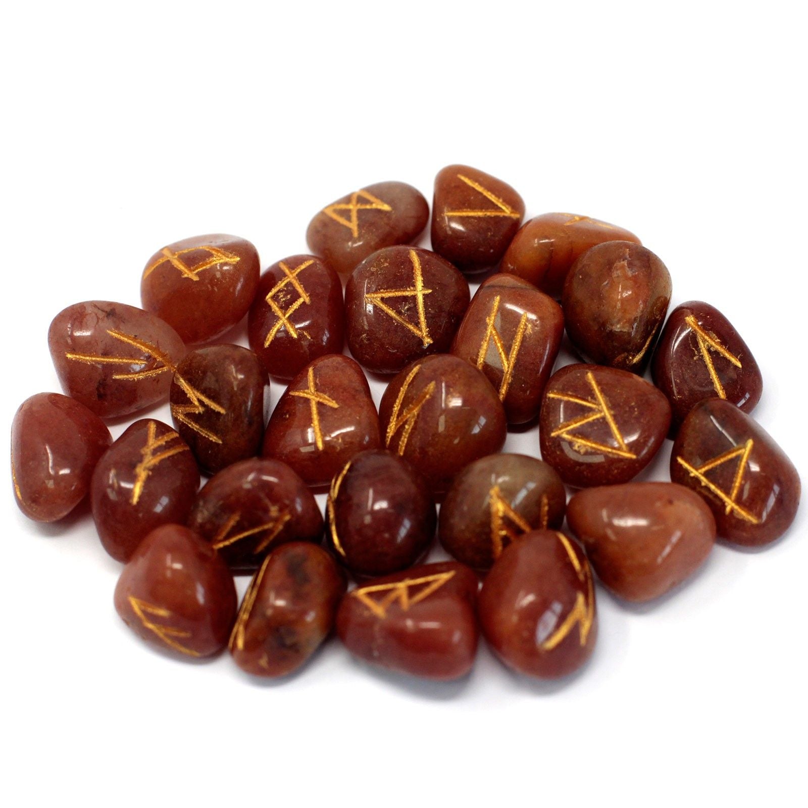 A set of red aventurine rune stones with gold symbols on a white background.