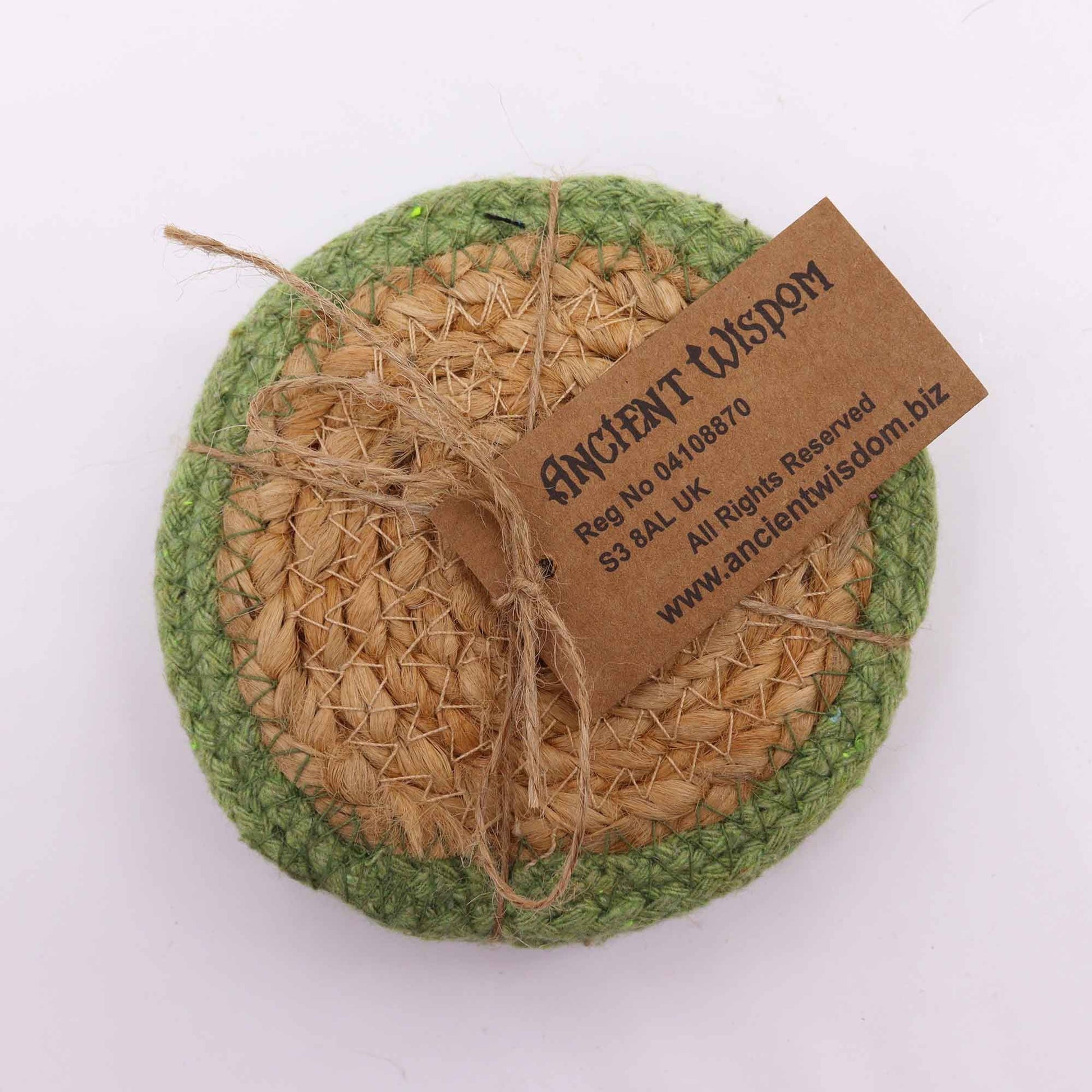 Set of 4 natural jute and cotton coasters with an olive green border.