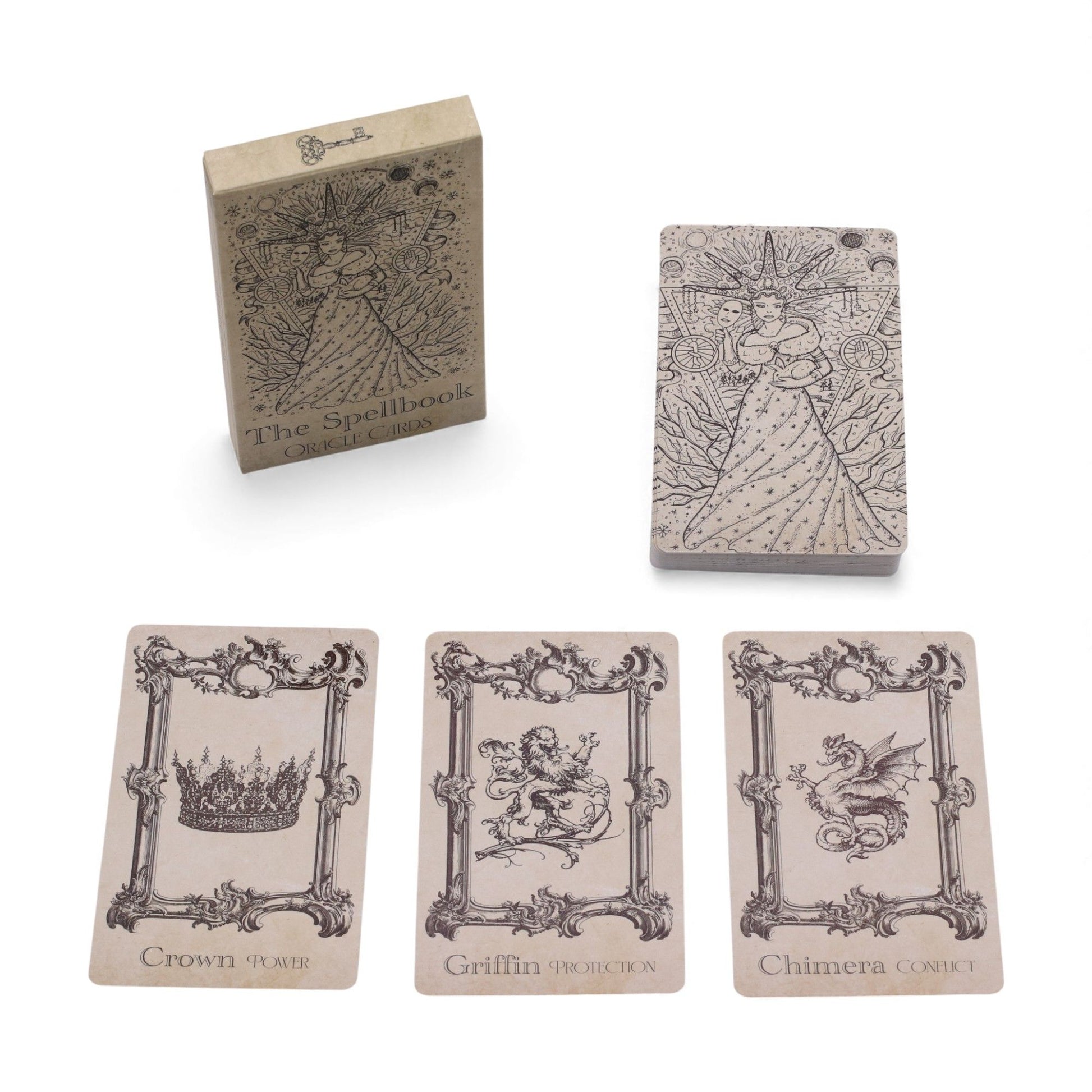 „The Spellbook“ Orakelkarten mit Witchcraft-Motiven, darunter eine Krone, ein Greif und ein Chimären.