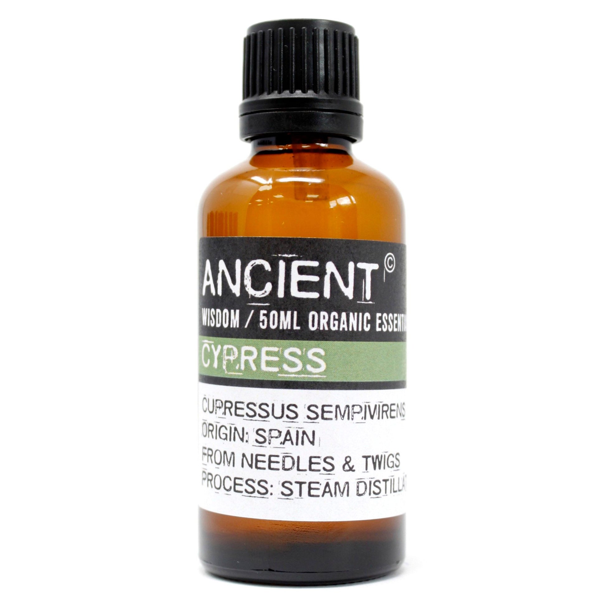 Eine braune Glasflasche mit schwarzem Deckel und einem Etikett mit der Aufschrift "ANCIENT WISDOM CYPRESS".