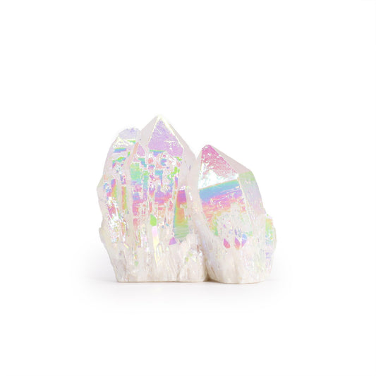 Ein Cluster aus natürlichem Angel Aura Quarz mit schillernden Regenbogenfarben.