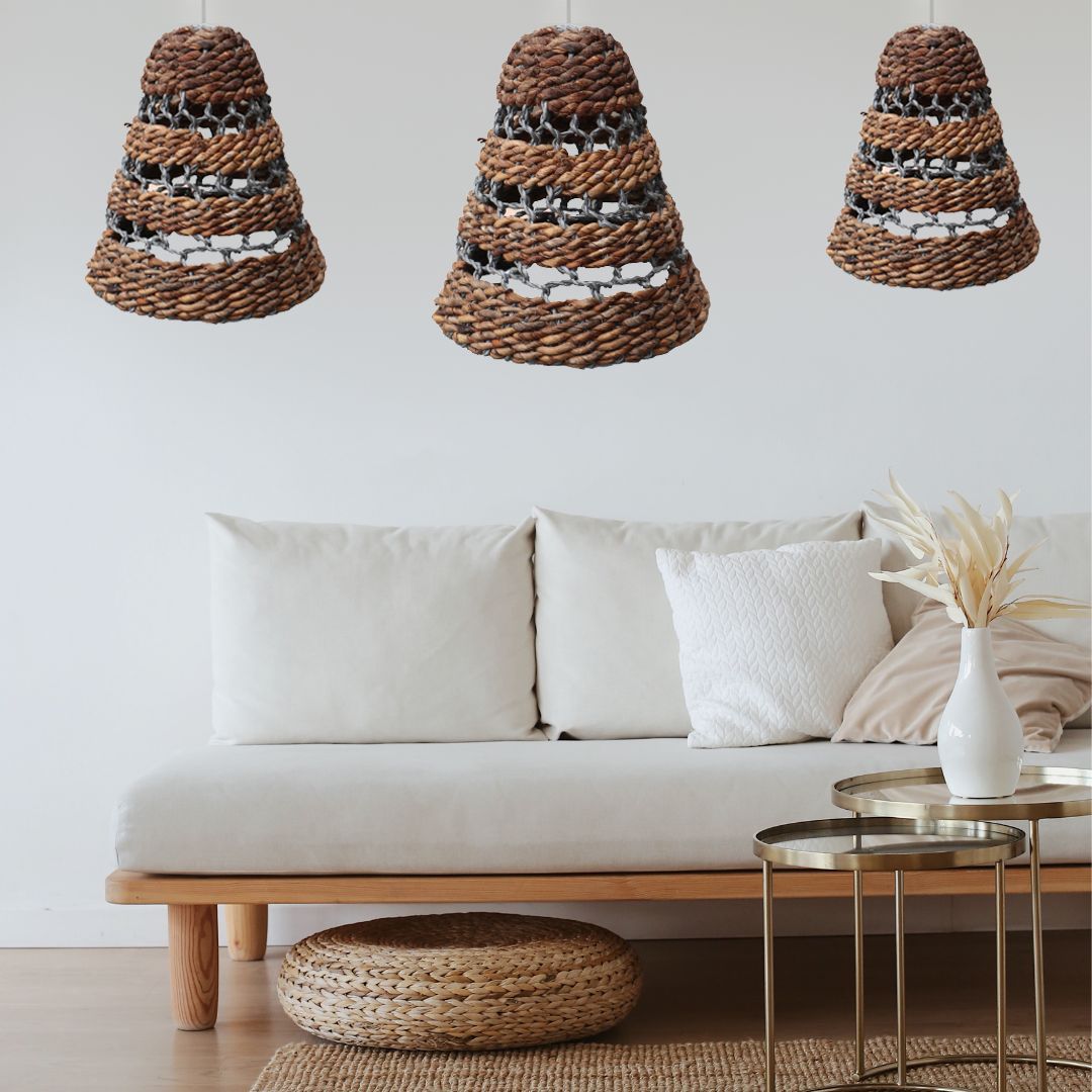 Set of 3 natural banana leaf pendant lamp shades.