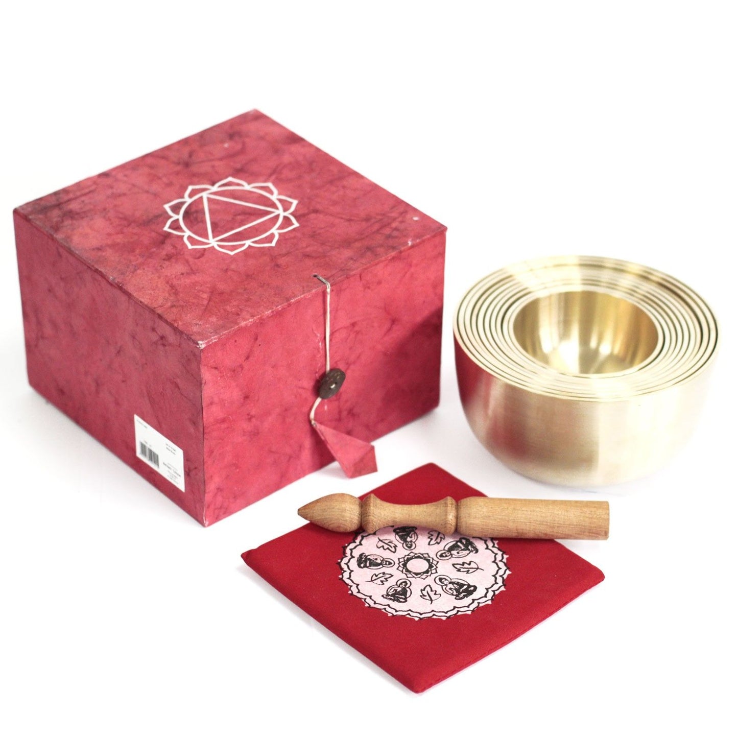 Set aus 10 Messing-Klangschalen mit Holzstab und roter Box.