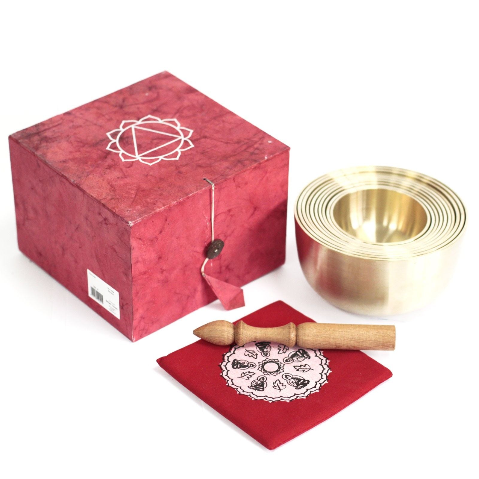 Set aus 10 Messing-Klangschalen mit Holzstab und roter Box.