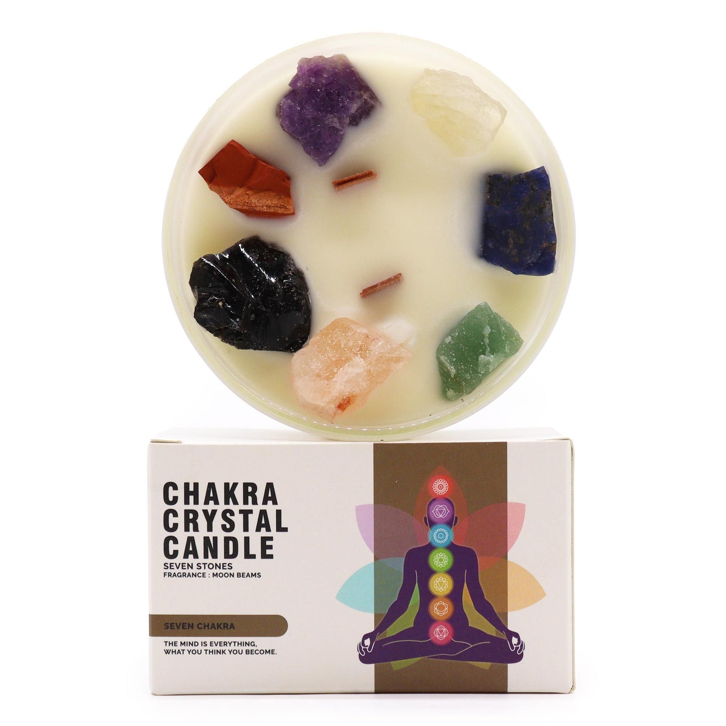 Große Sojawachs-Duftkerze mit 7 Kristallen und Chakra-Motiv auf der Verpackung.