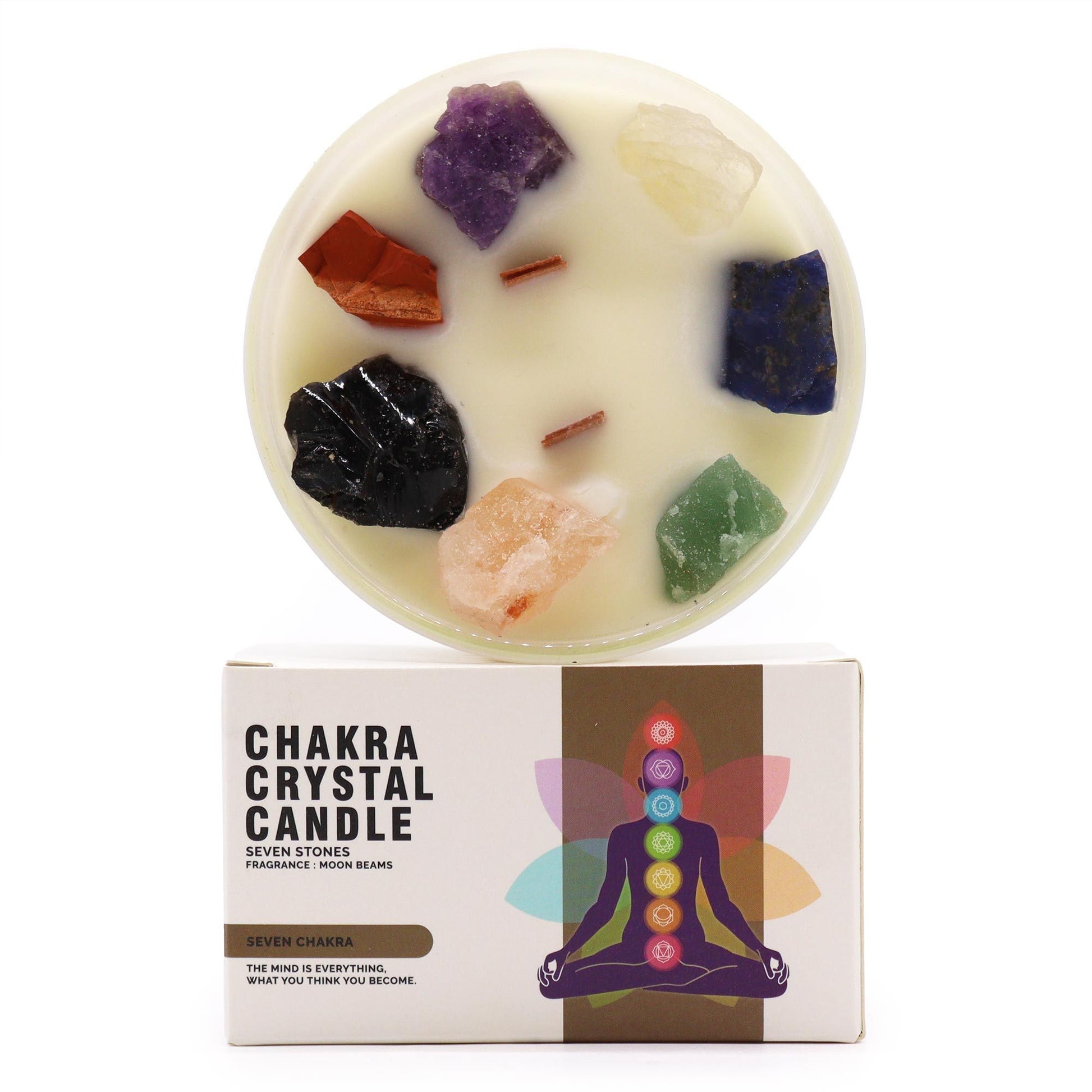 Große Sojawachs-Duftkerze mit 7 Kristallen und Chakra-Motiv auf der Verpackung.