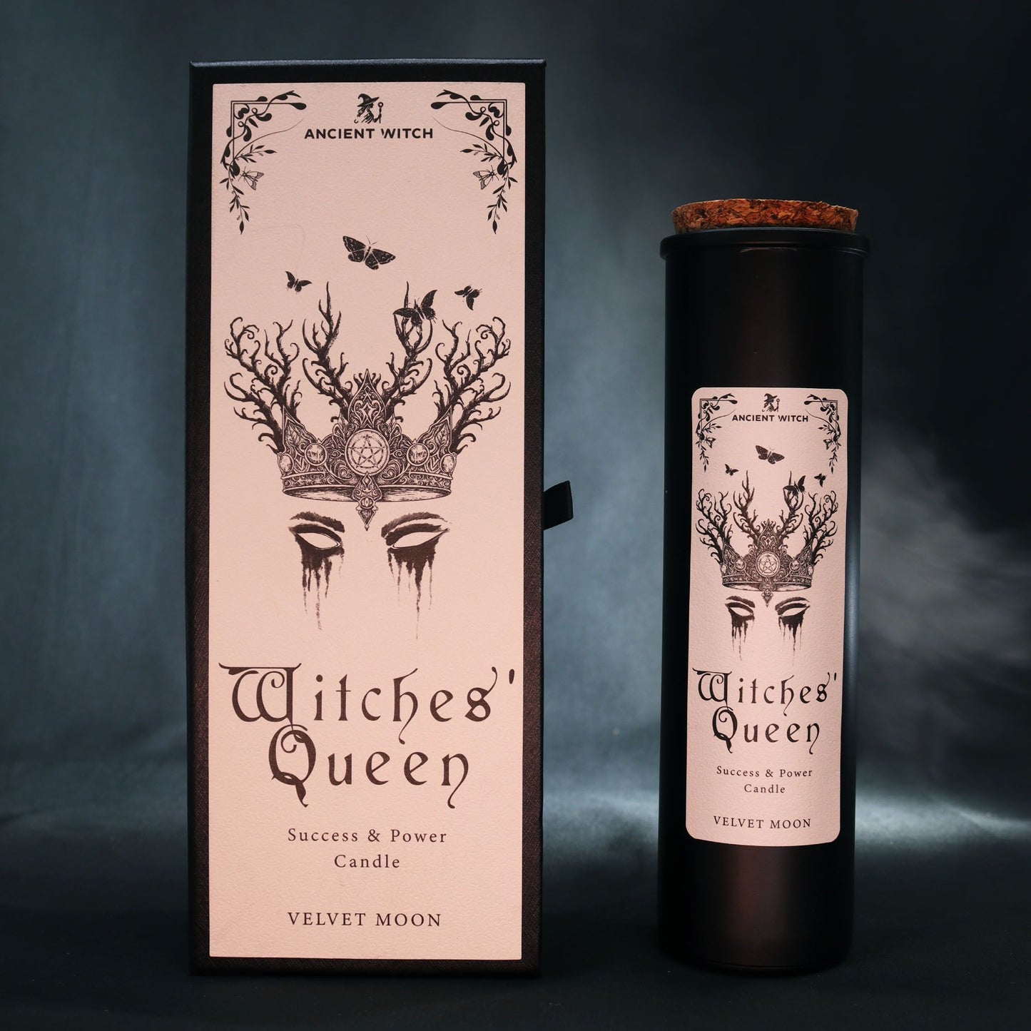 Ancient Witch Witches' Queen candle in a black container with a cork lid.