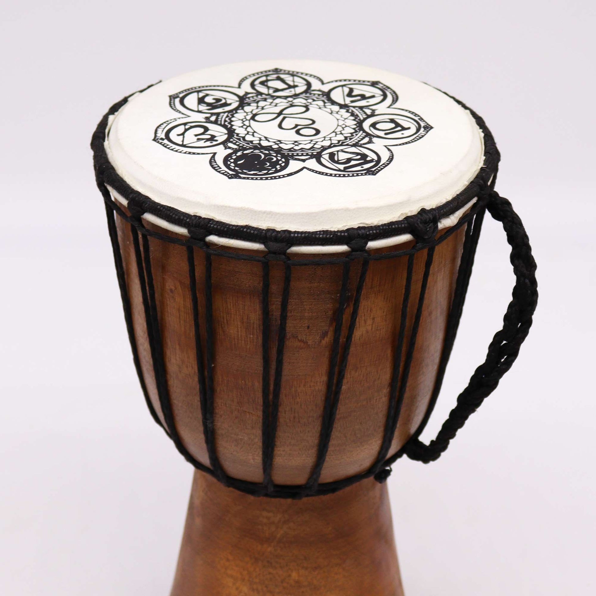 Handmade wide top djembe drum with chakra design.