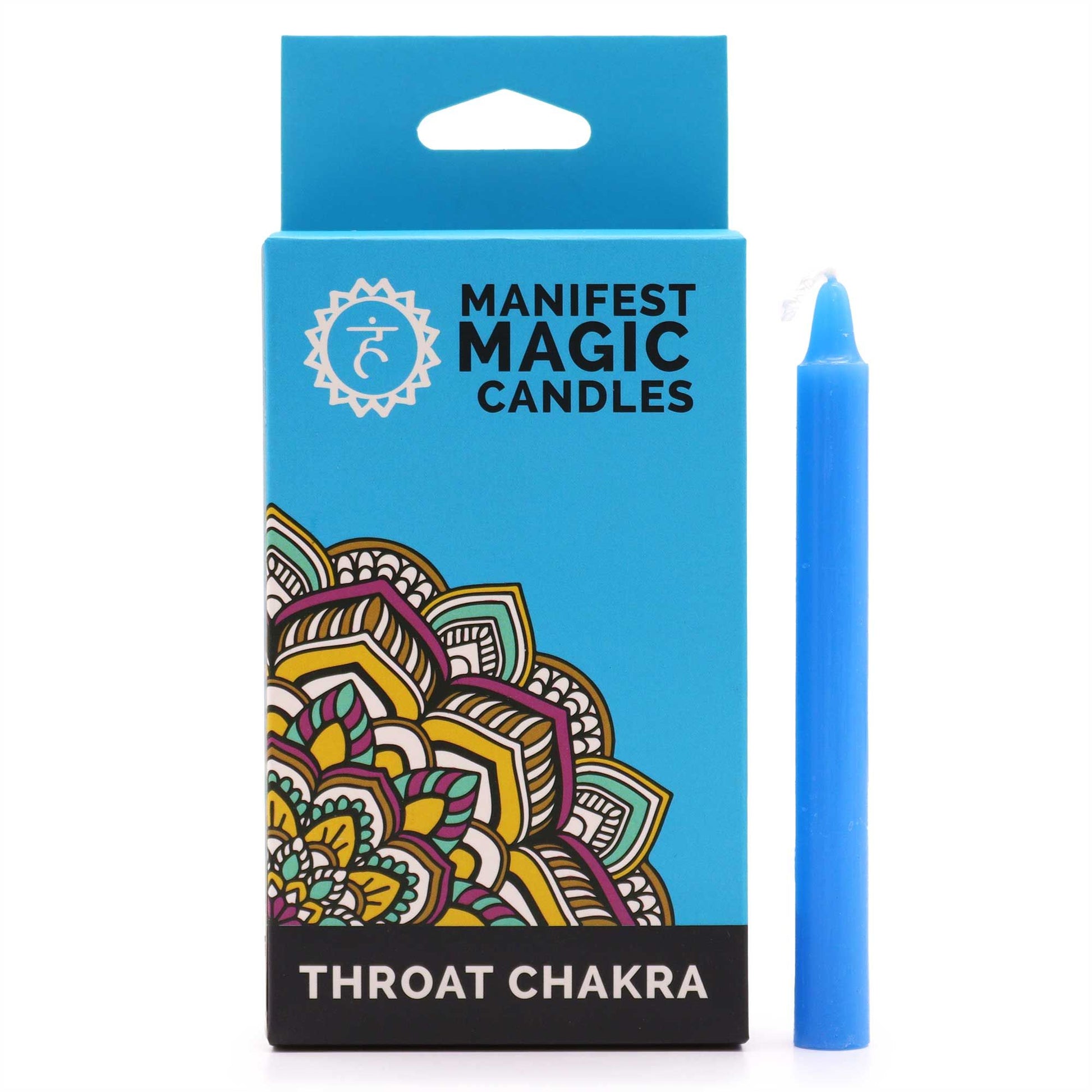 Hellblaue Manifestationskerze "Throat Chakra" in einer blauen Box mit Mandala-Design.