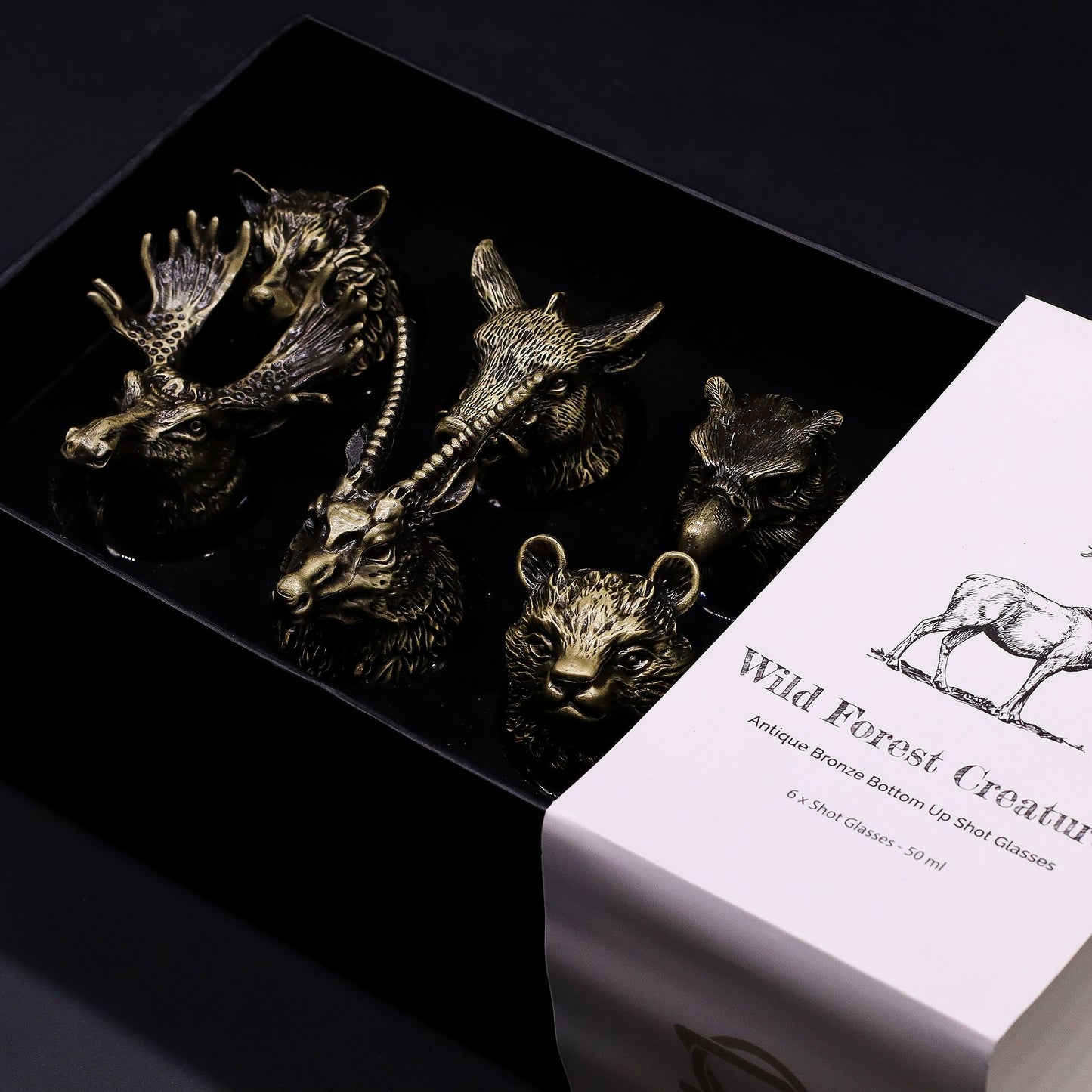 Geschenkset aus 6 Shot-Gläsern mit Tiermotiven im Antiklook.