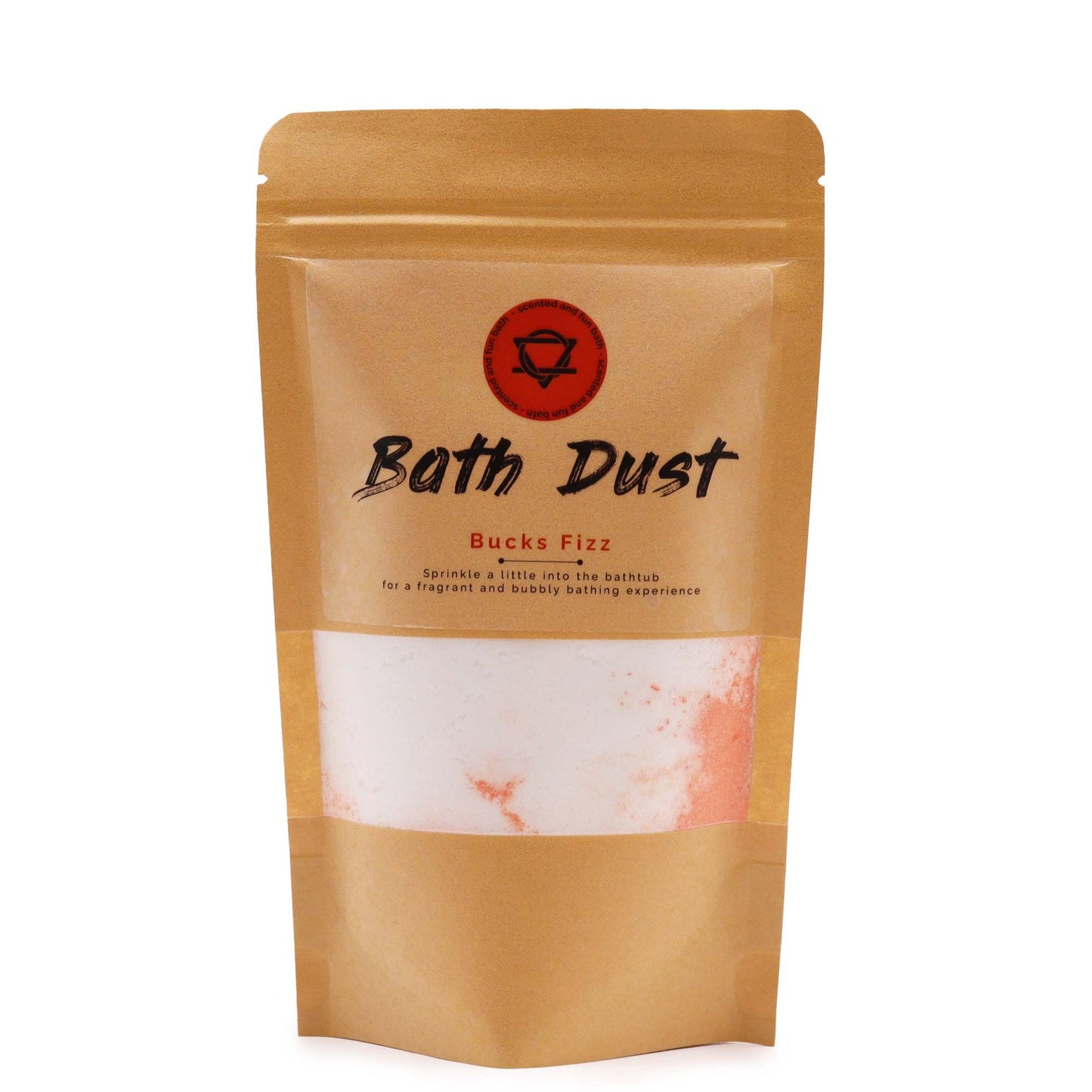 A resealable pouch of Bucks Fizz Bath Dust with a clear window showing the pink and white bath salts.