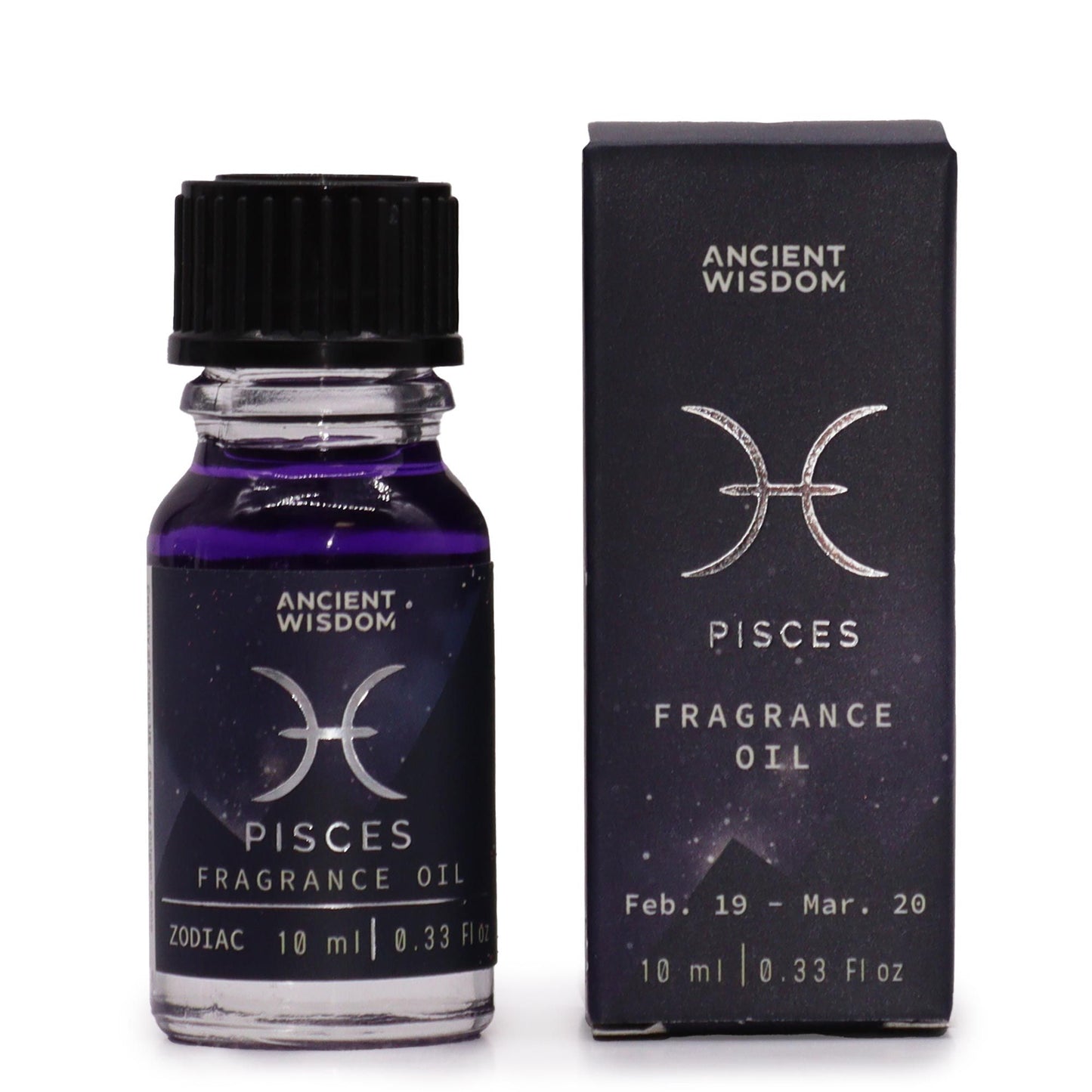 Sternzeichen-Duftöl 10ml Fische in violetter Flüssigkeit mit schwarzem Deckel.