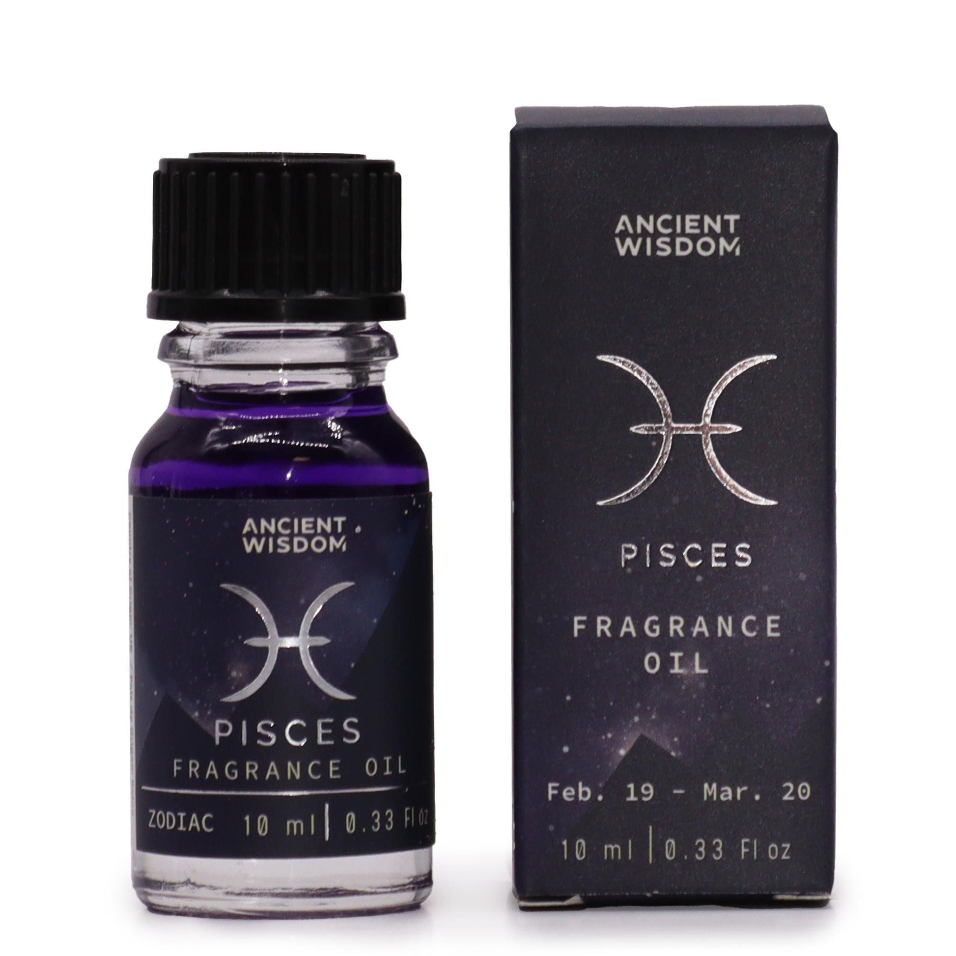 Sternzeichen-Duftöl 10ml Fische in violetter Flüssigkeit mit schwarzem Deckel.