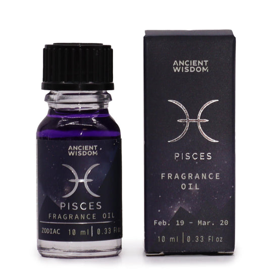 Sternzeichen-Duftöl 10ml Fische in violetter Flüssigkeit mit schwarzem Deckel.
