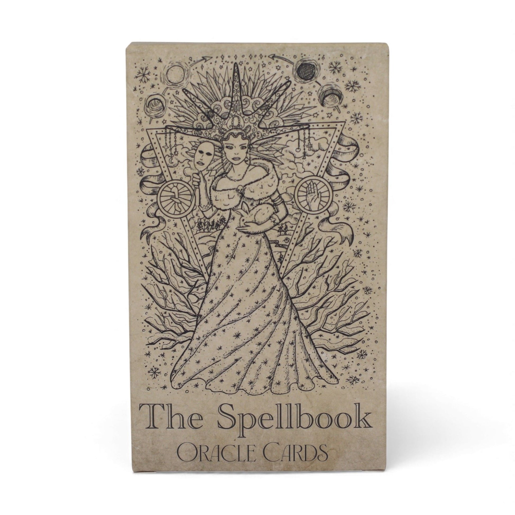 „The Spellbook“ Orakelkarten im Witchcraft-Thema mit einer Frau und mystischen Symbolen.