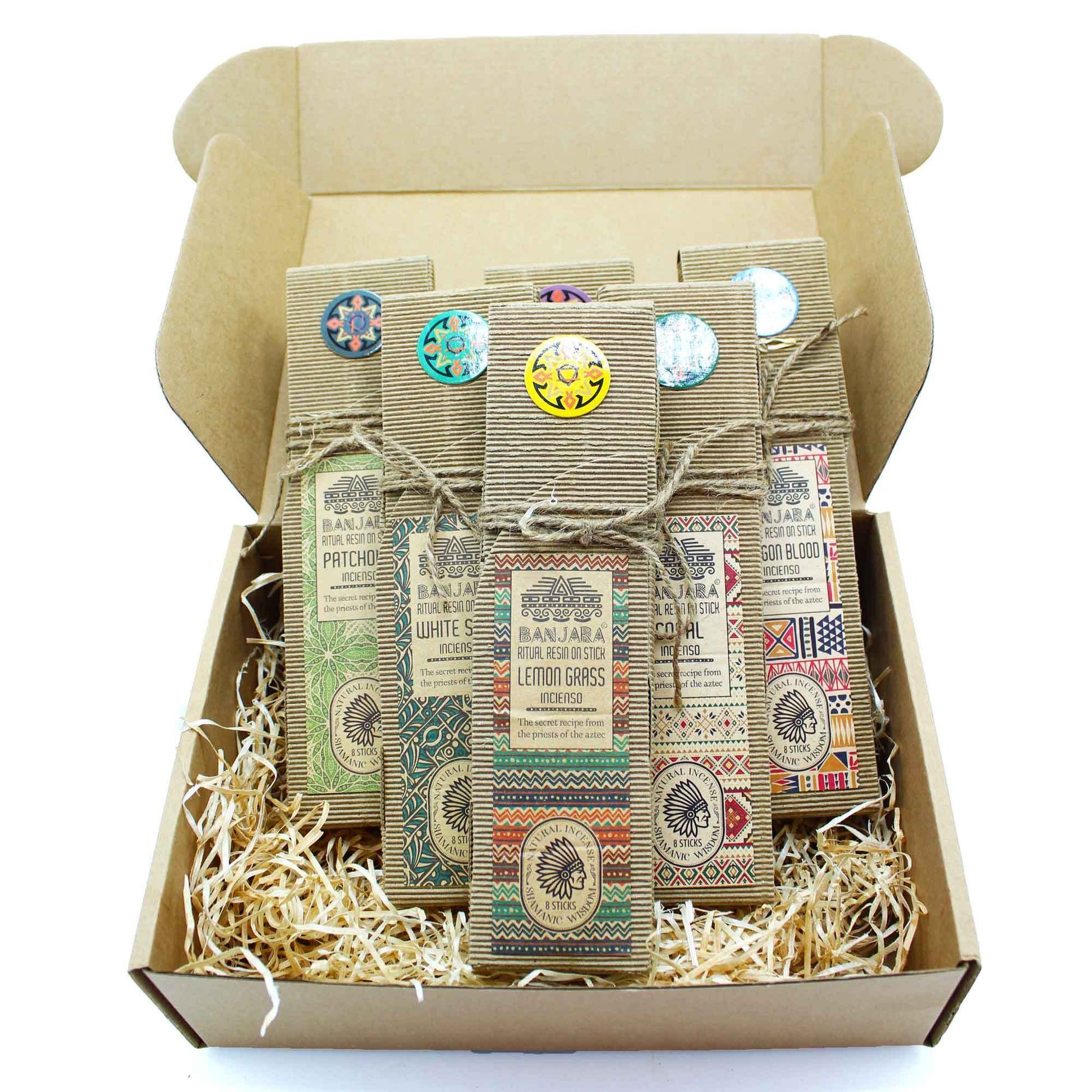 A starter set of six Banajara ritual resin incense sticks in a cardboard box.