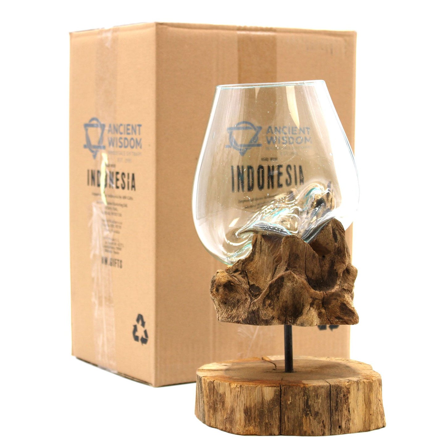 Molten glass bowl on a wooden stand with "Indonesia" text.