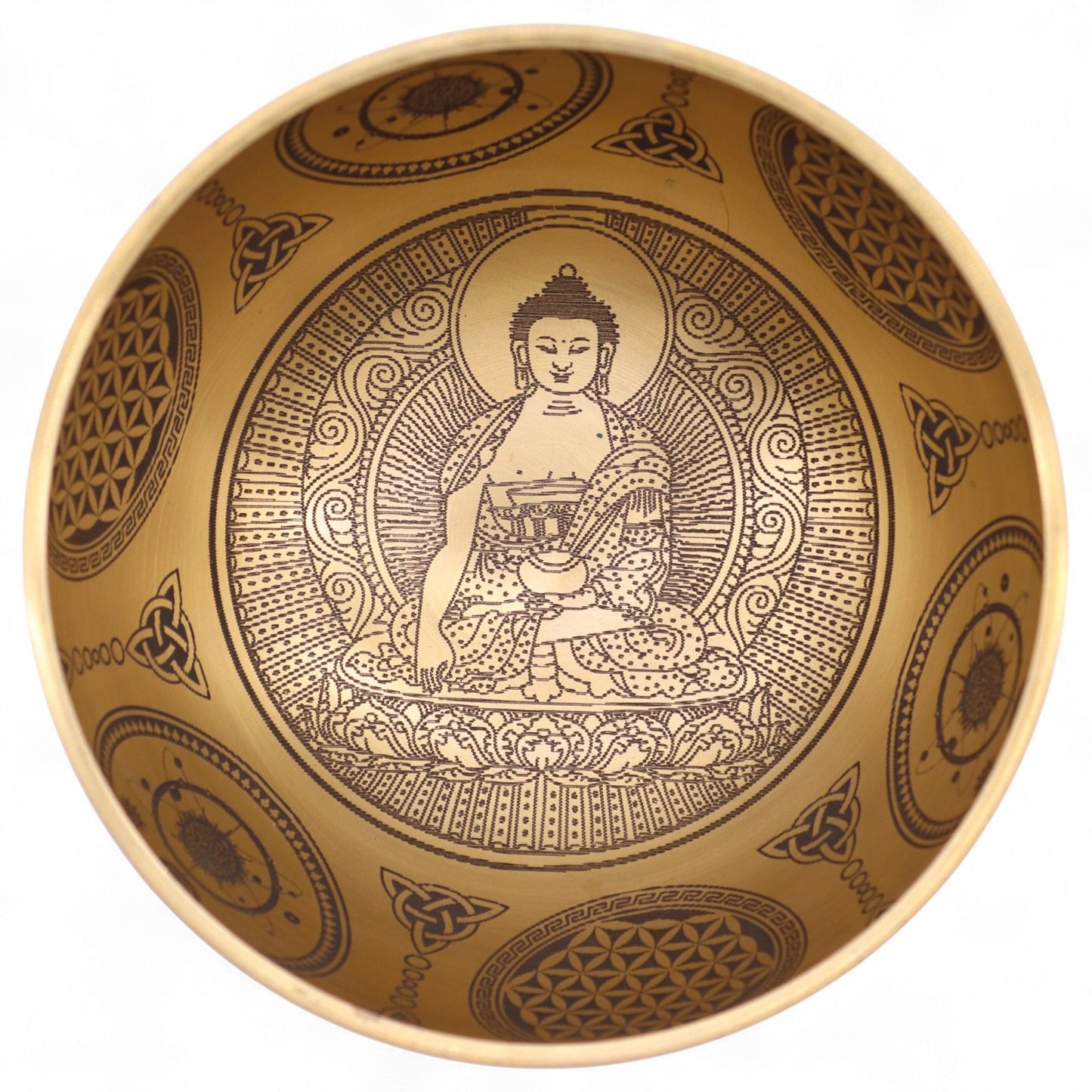 Set aus 4 Buddha Klangschalen aus Messing mit Gravuren.
