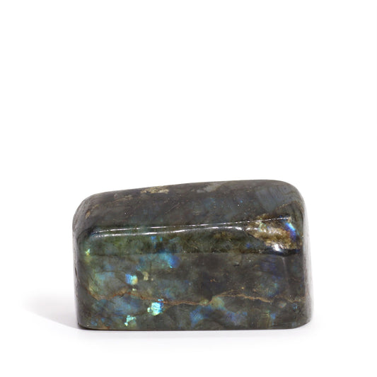 Labradorit mit blau-grünem Farbspiel auf grauem Stein.
