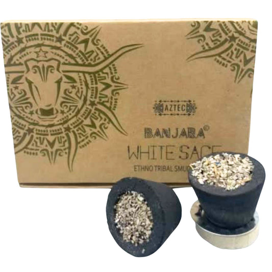 Räucher-Cups Weißer Salbei mit Tribal-Design und zwei Räucherkegeln