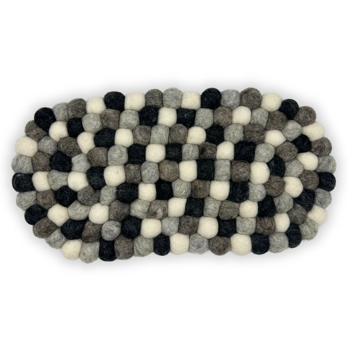 Oval felt ball mat in multi-grey colors.